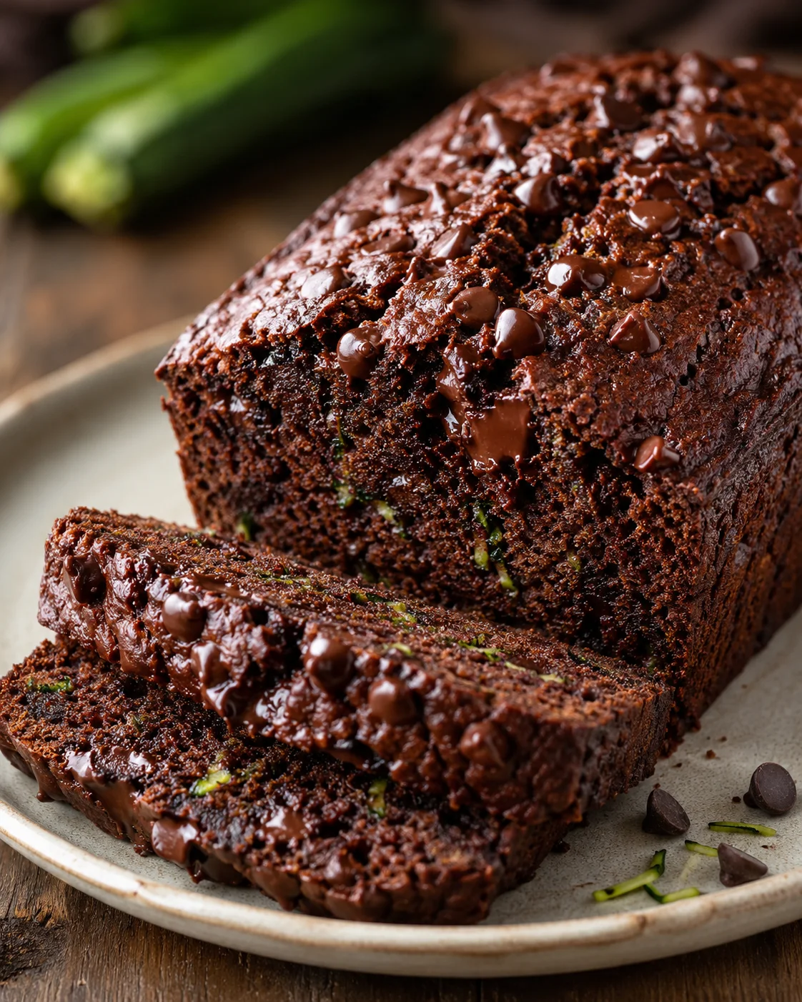 Delicious and moist chocolate zucchini bread with chunks of chocolate on top.