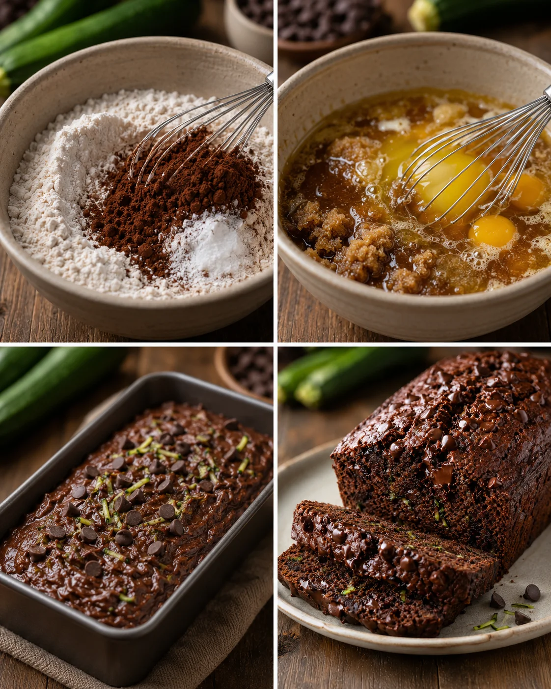 A delicious chocolate zucchini bread topped with chocolate chips and sliced for serving.