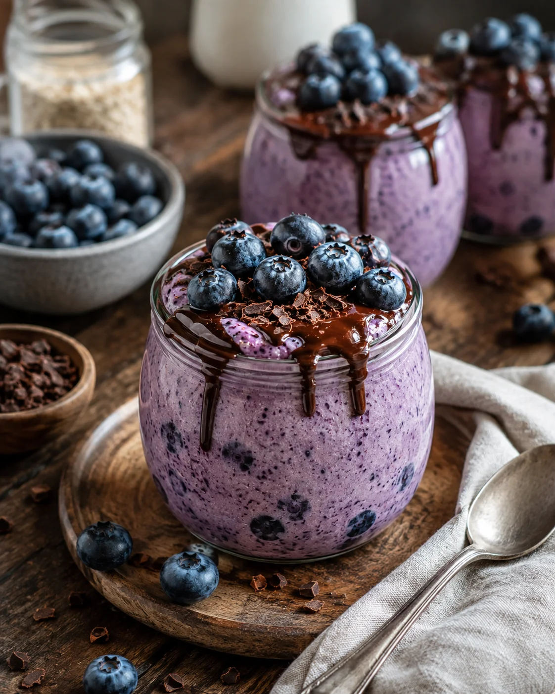 Creamy blended blueberry overnight oats topped with blueberries and chocolate drizzle.