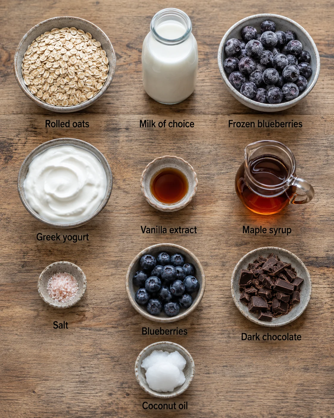 Various ingredients for blueberry overnight oats arranged on a wooden surface.