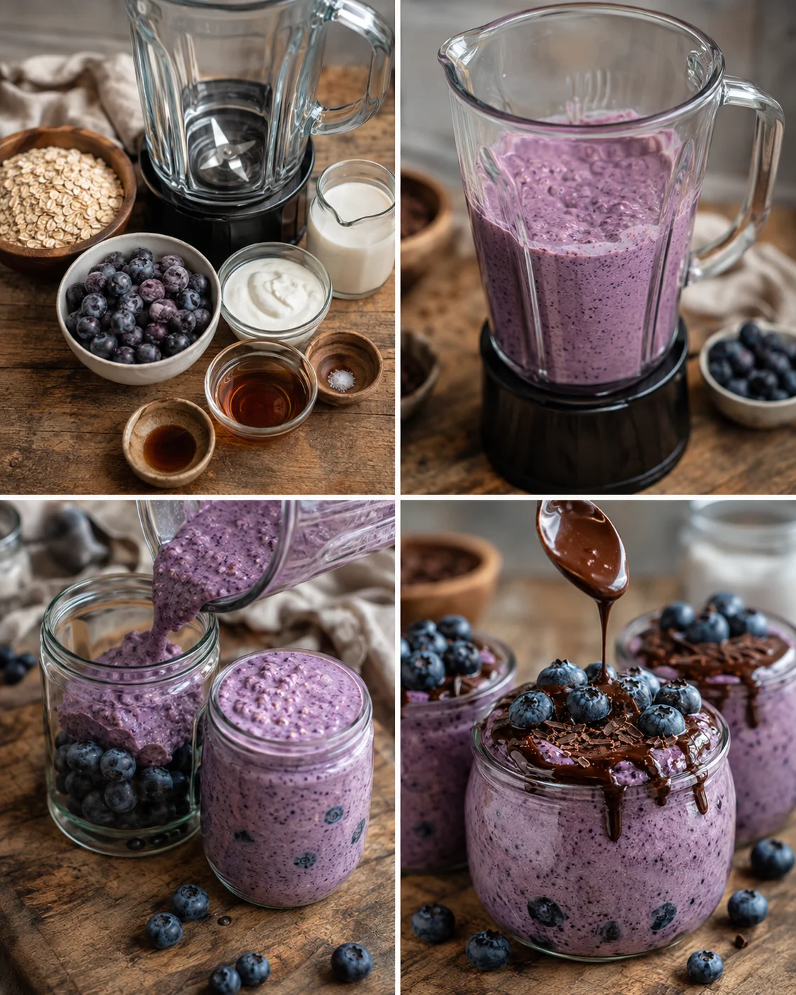 Steps to make creamy blended blueberry overnight oats with toppings