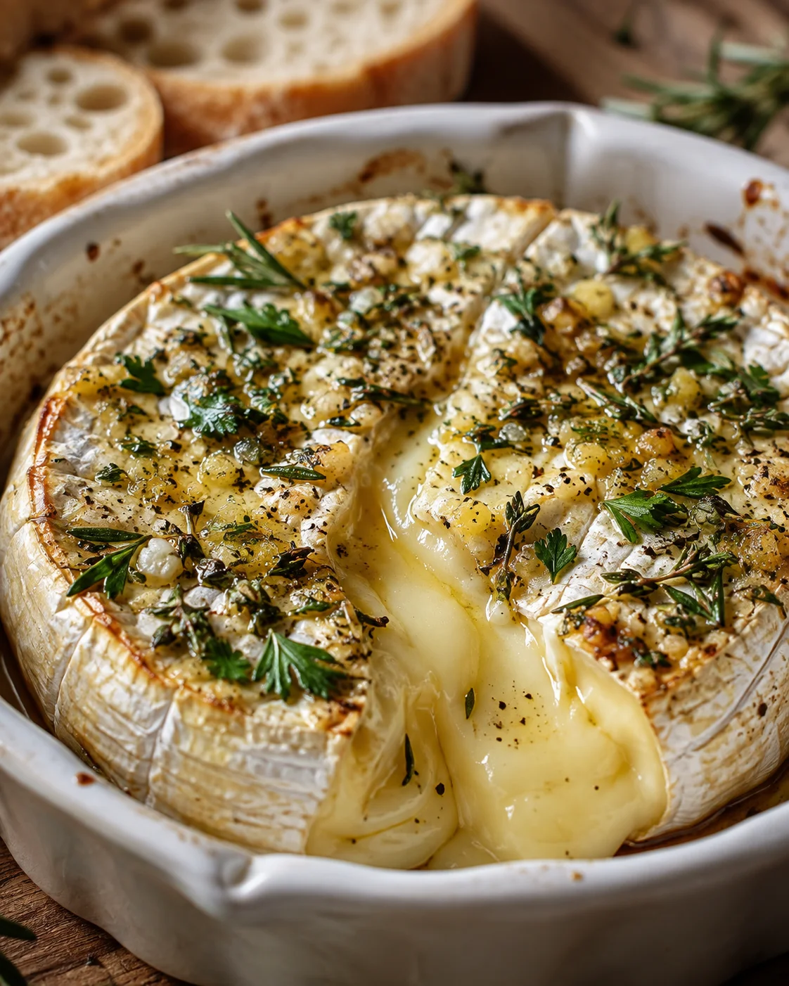 baked brie in a white dish, melted cheese oozing, garnished with parsley and thyme, bread slices nearby