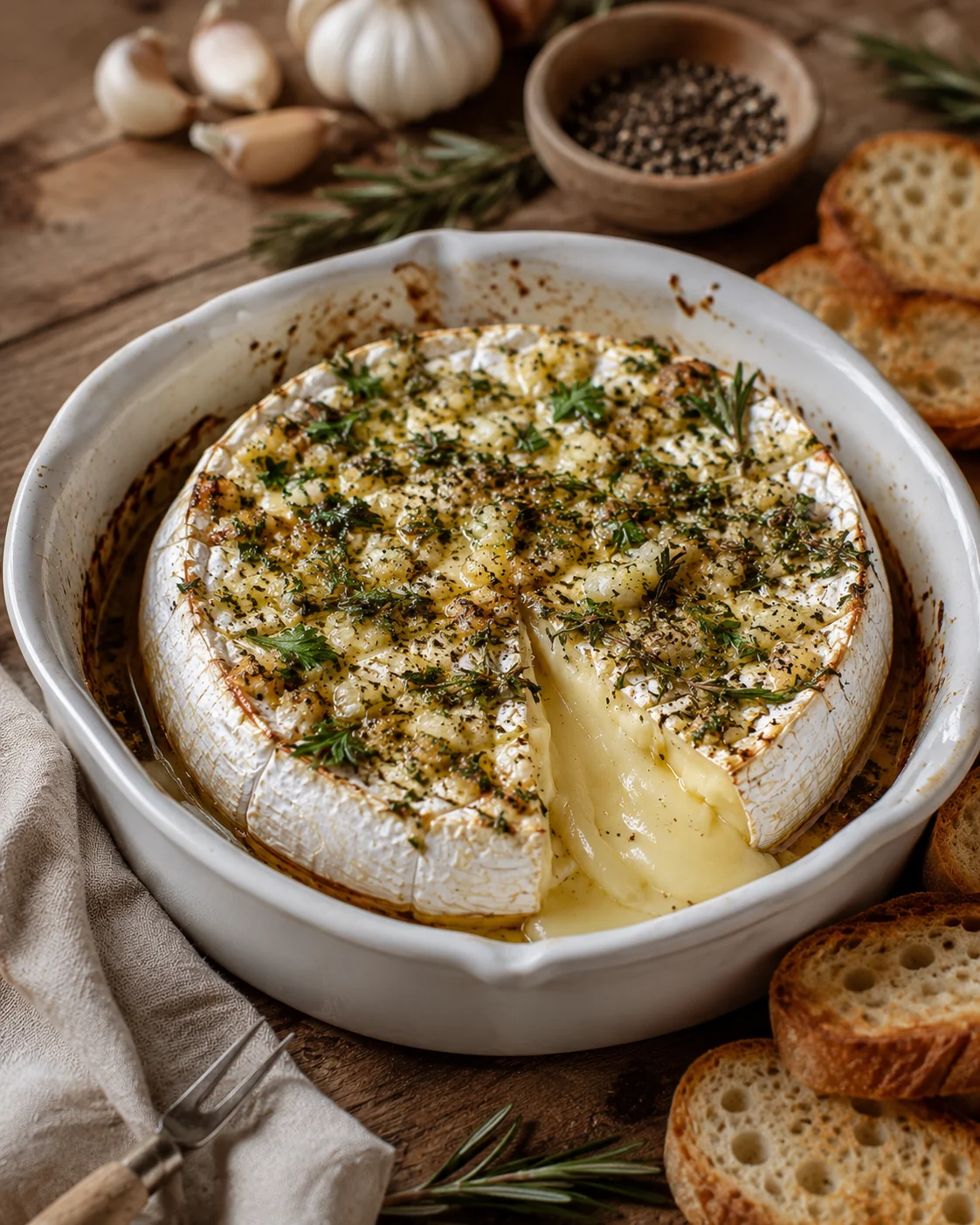 Baked Brie with Herbs Creamy baked Brie cheese topped with herbs and spices on a wooden table.