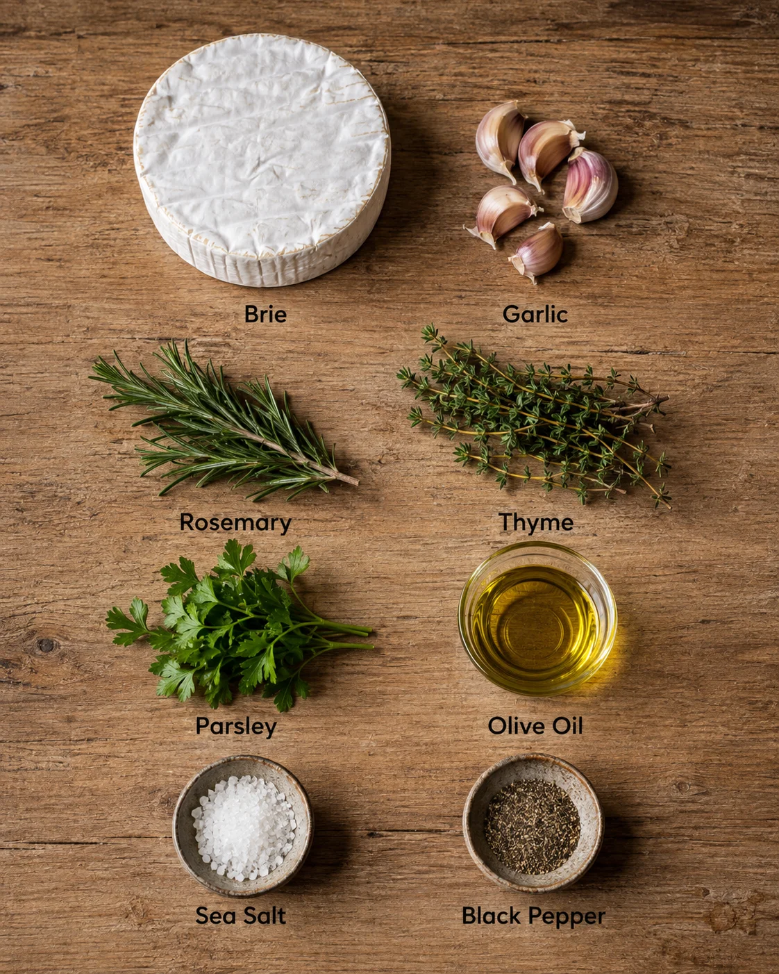 Top-down view of a rustic wooden board with Brie, garlic, herbs, olive oil, sea salt, and pepper, all labeled.