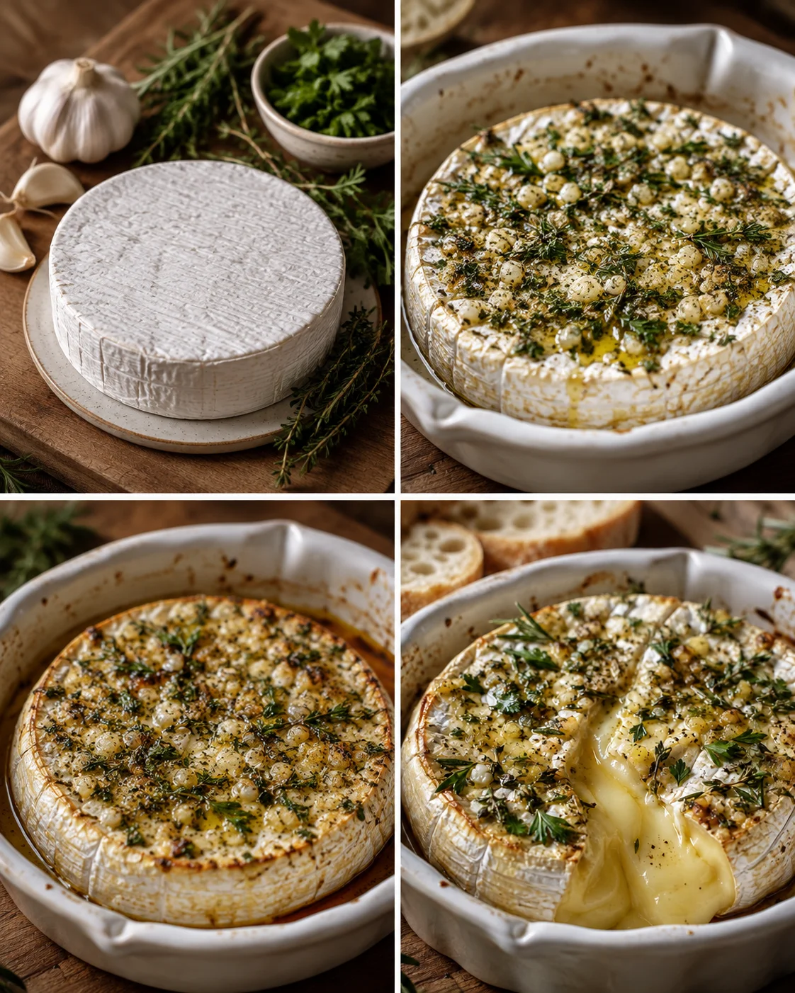 collage showing a whole camembert wheel and a baked herb-topped camembert in a dish