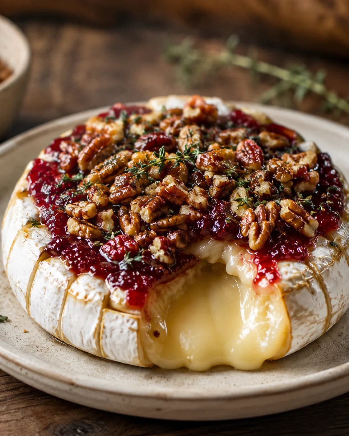 Creamy baked brie topped with jam, nuts, and herbs on a rustic plate.