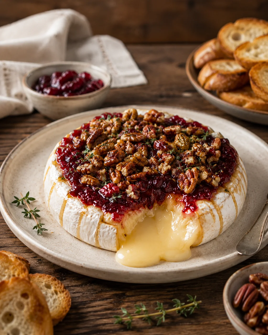 Round brie wheel topped with cranberry sauce and walnuts on a rustic plate, with bread toast in background.
