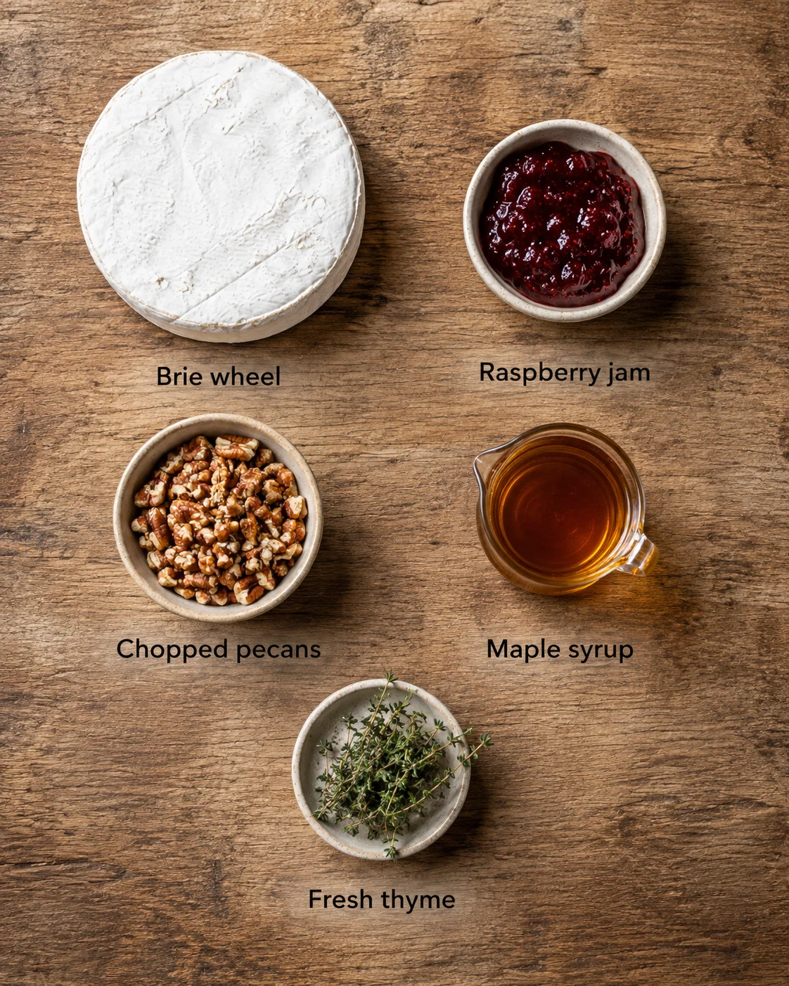 Top-down view of a wooden board with brie wheel, raspberry jam, chopped pecans, maple syrup, and thyme.