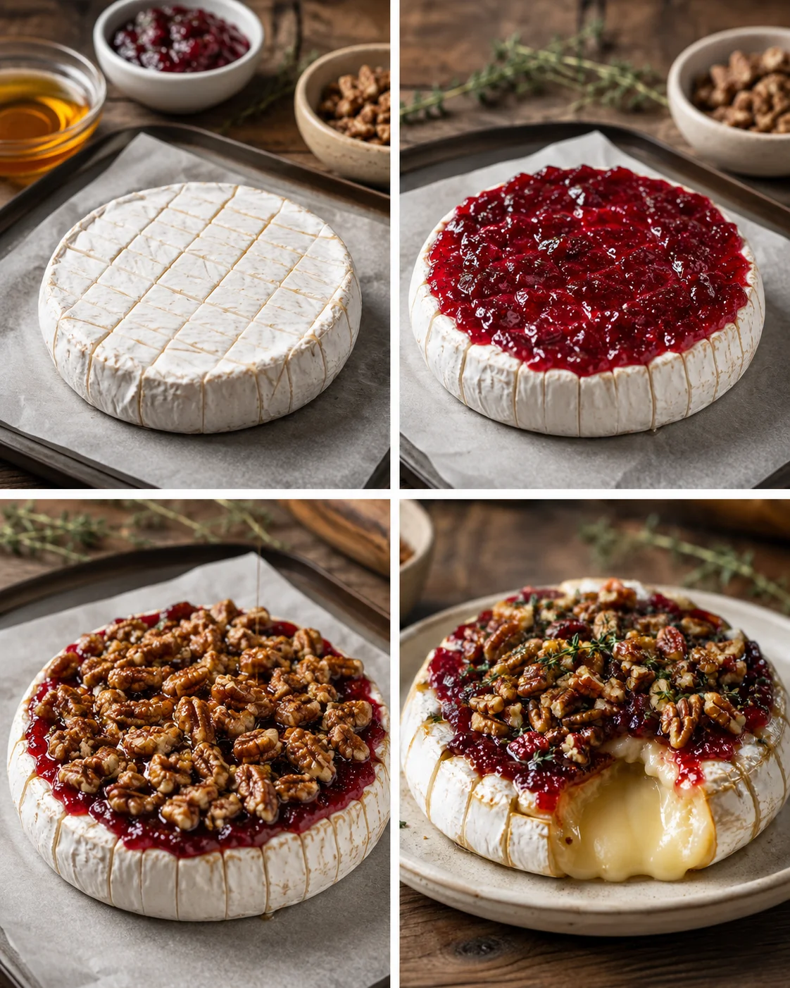 Round brie wheel on parchment; collage shows plain, jam-topped, and nut-topped variants.