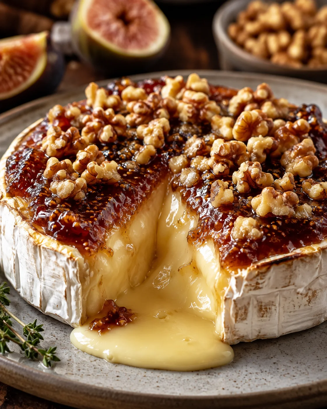 Cheesy baked brie topped with fig jam and walnuts on a serving plate