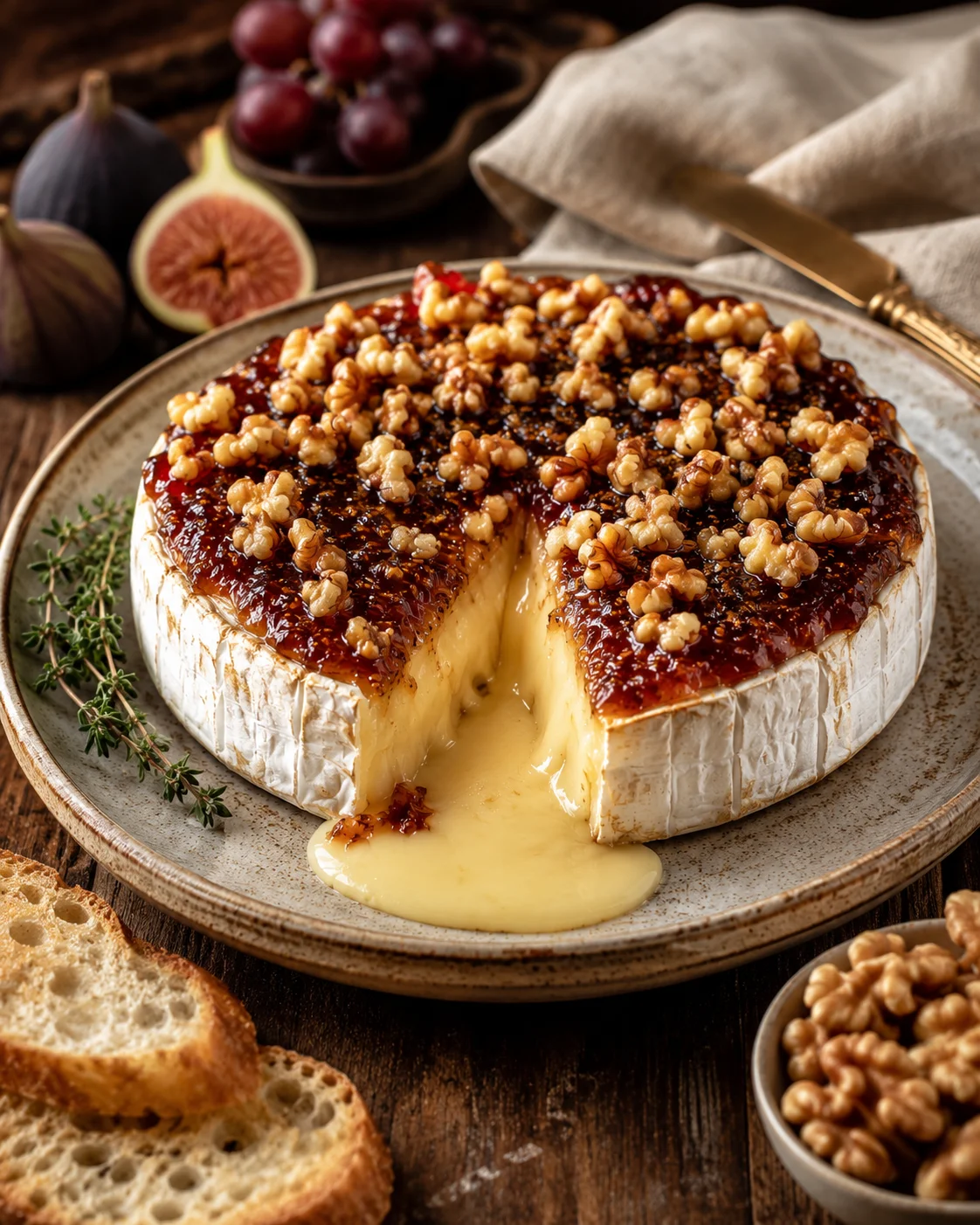round baked brie with walnut topping on a rustic plate, surrounded by figs, grapes, and crusty bread