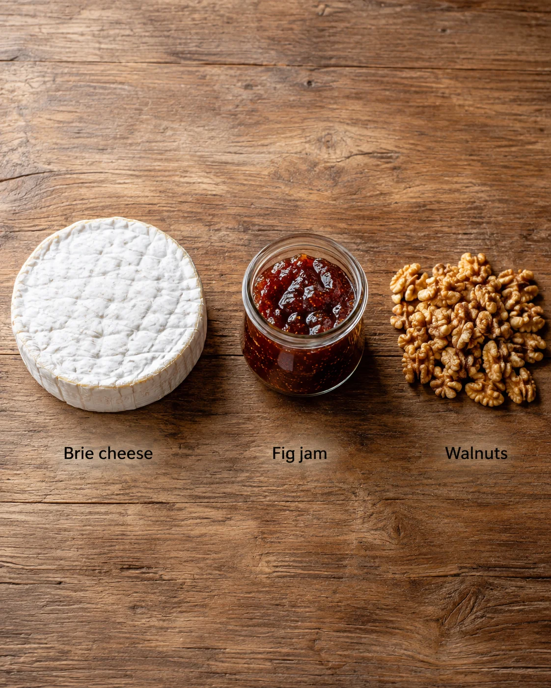 Round brie cheese, jar of fig jam, and walnuts arranged on a rustic wooden table.