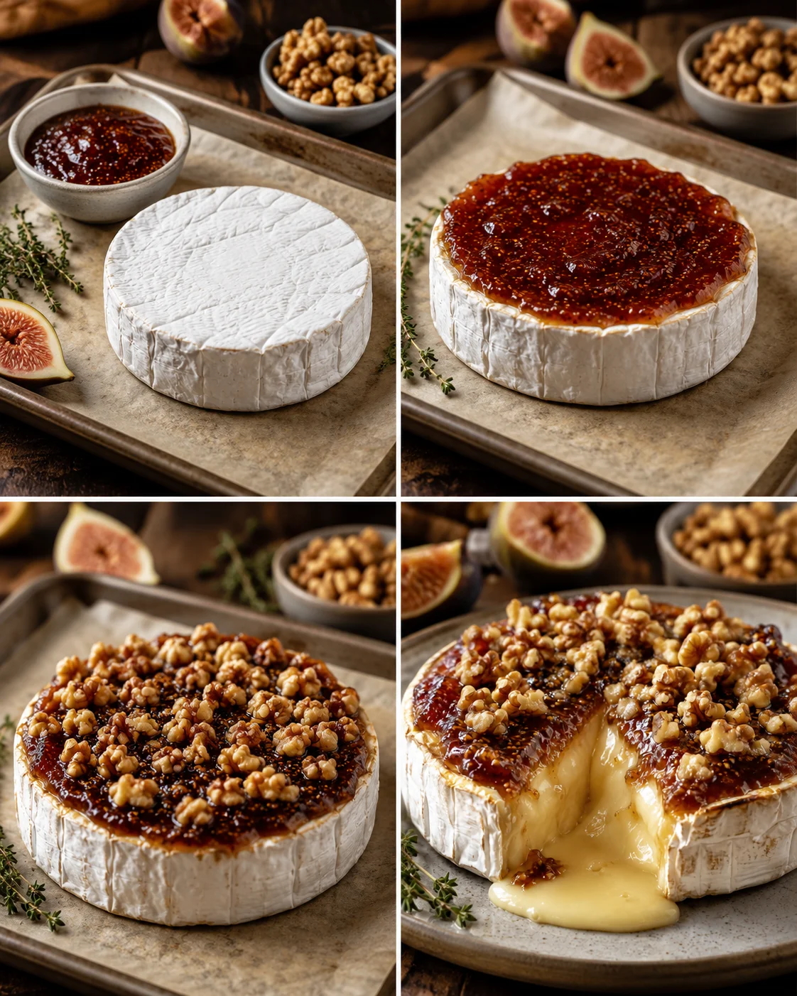 Round wheel of brie on parchment, with fig jam and walnut topping, in a four-panel collage.