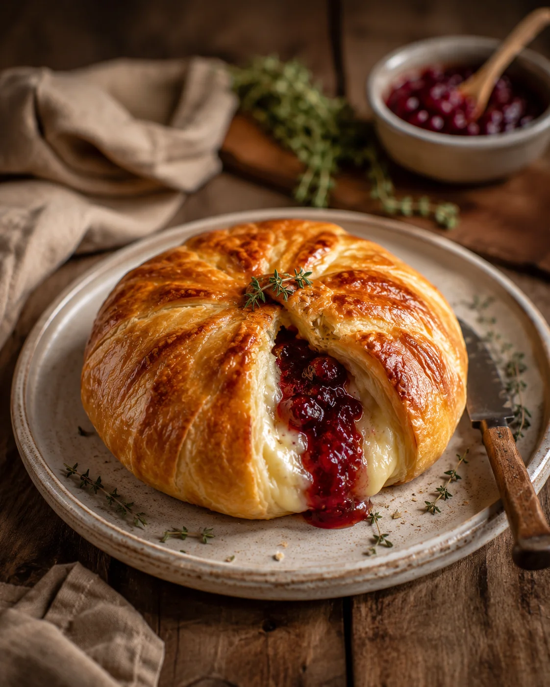 Golden braided pastry with melting cheese and cranberry filling on a rustic plate.