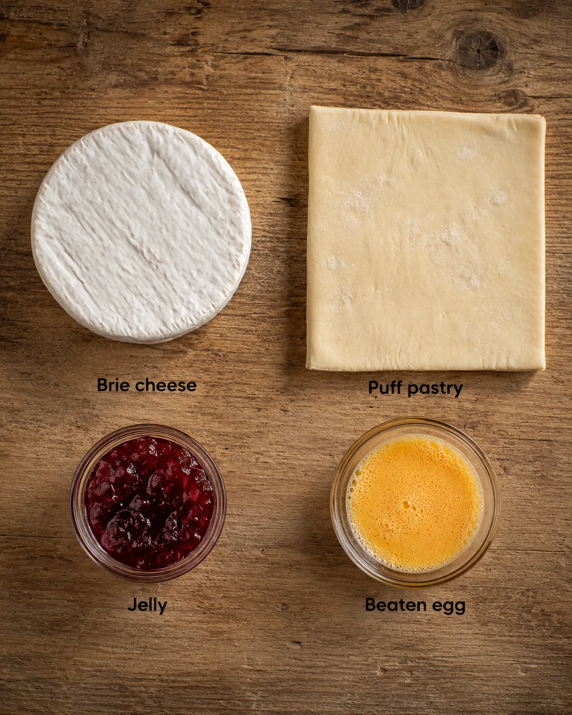 Ingredients for baked brie in puff pastry featuring cheese, pastry, jam, and egg wash.