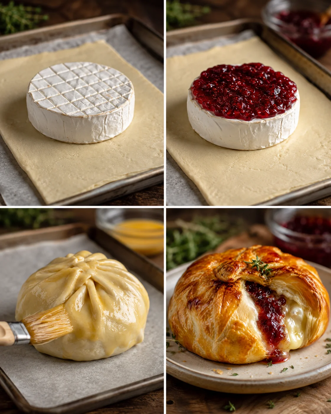 Process placeholder: sealing pastry seams and baking doneness (golden, flaky, cheese softened)