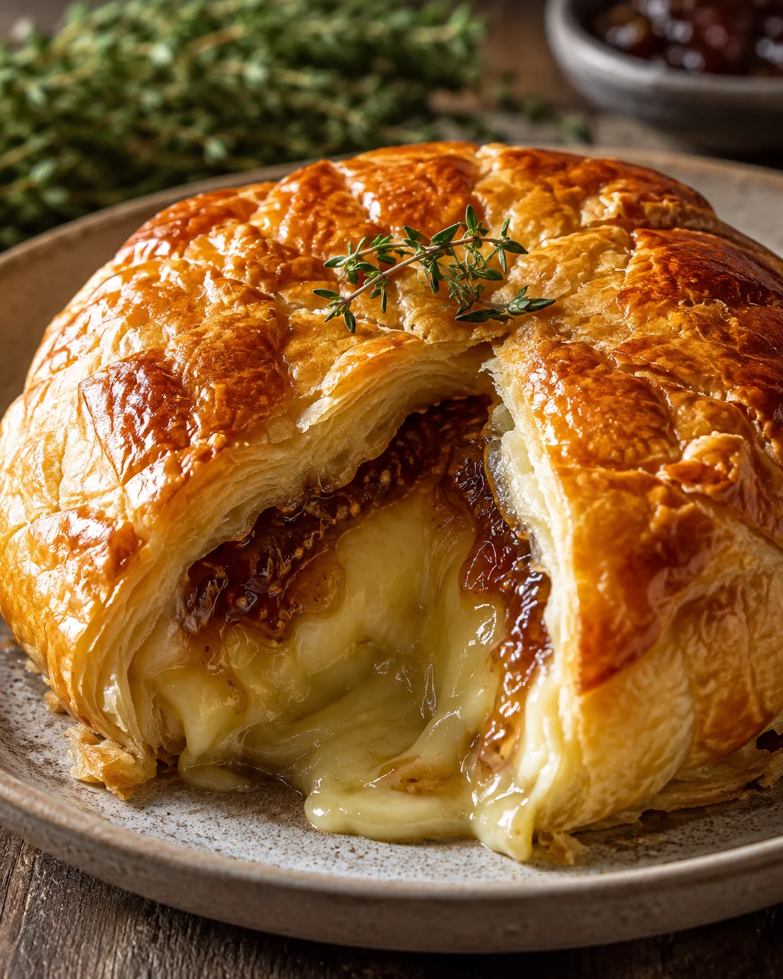 Golden, flaky puff pastry filled with creamy Brie and fig jam, fresh from the oven.