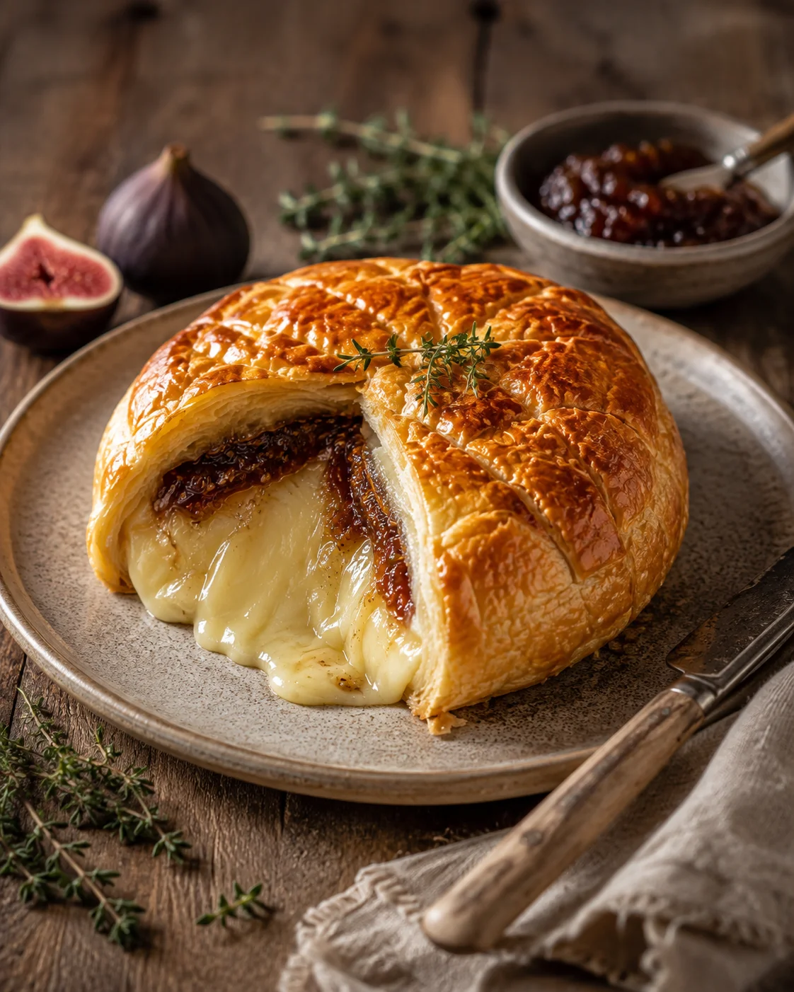 Delicious baked brie cheese wrapped in flaky puff pastry with fig jam filling.