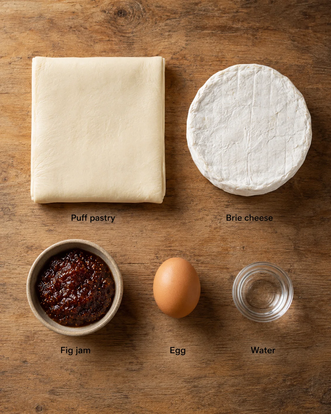 top-down view of puff pastry, brie cheese, fig jam, egg, and water on a wooden board