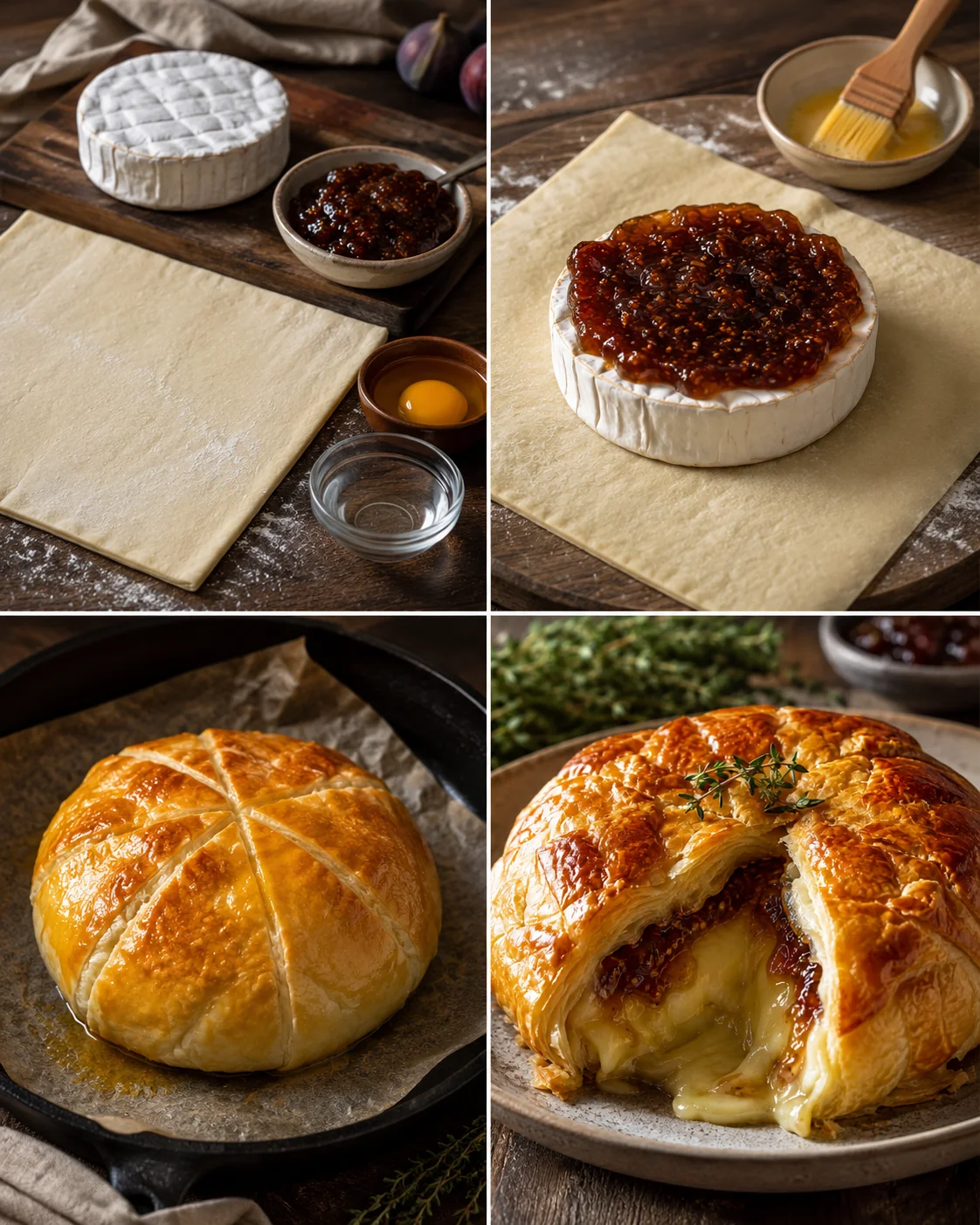 four-panel collage of brie with fig jam, dough sheets, eggs, and baked bread on a rustic wooden surface