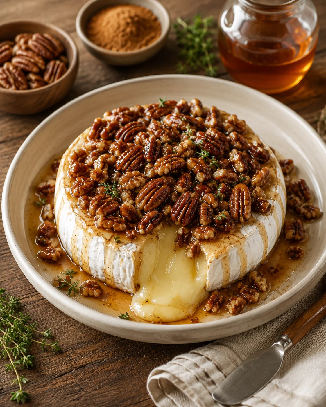 Warm, gooey brie topped with sweet pecan and maple glaze on a cheeseboard