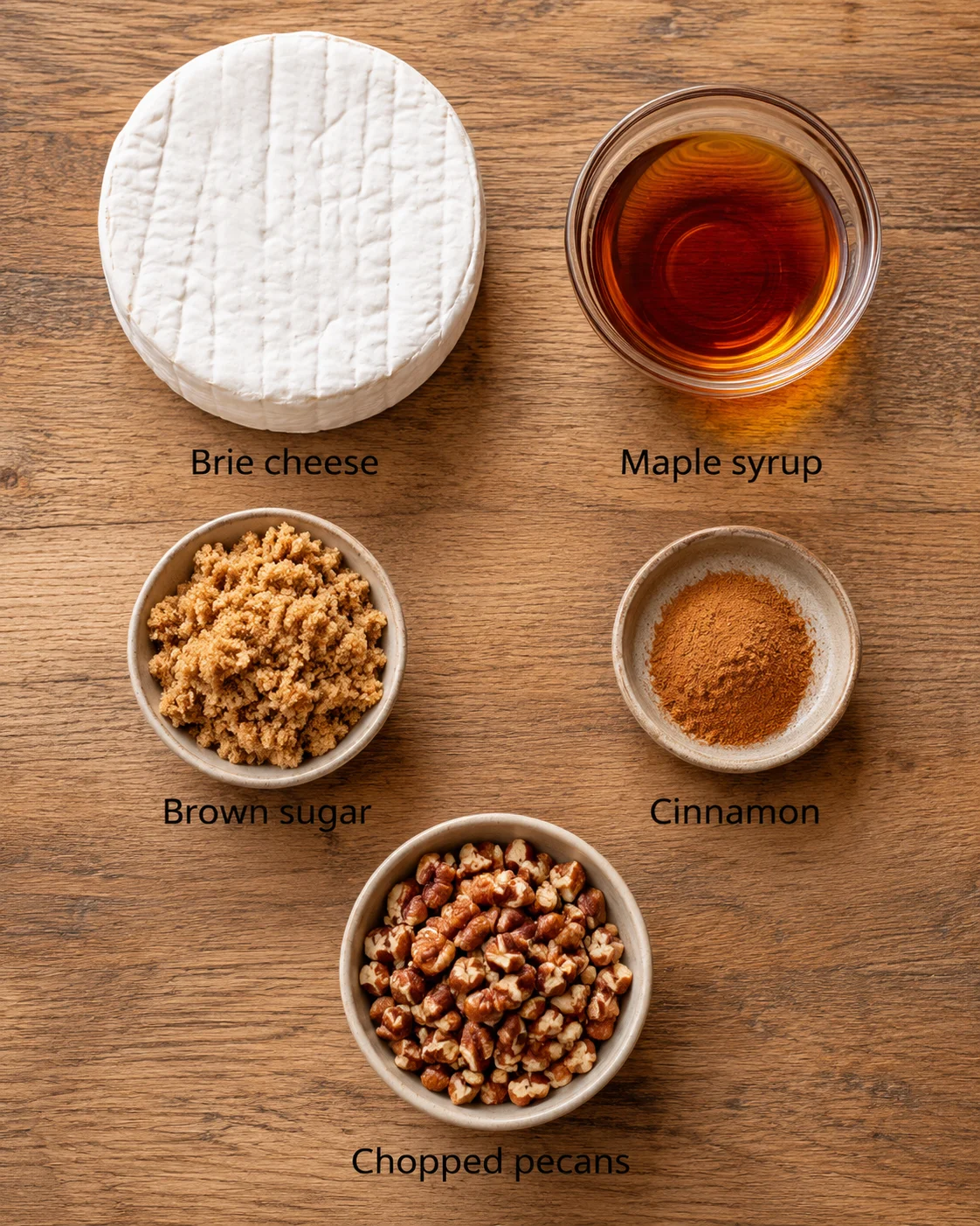 Flat lay of brie cheese, maple syrup, brown sugar, cinnamon, and chopped pecans on a wooden table.