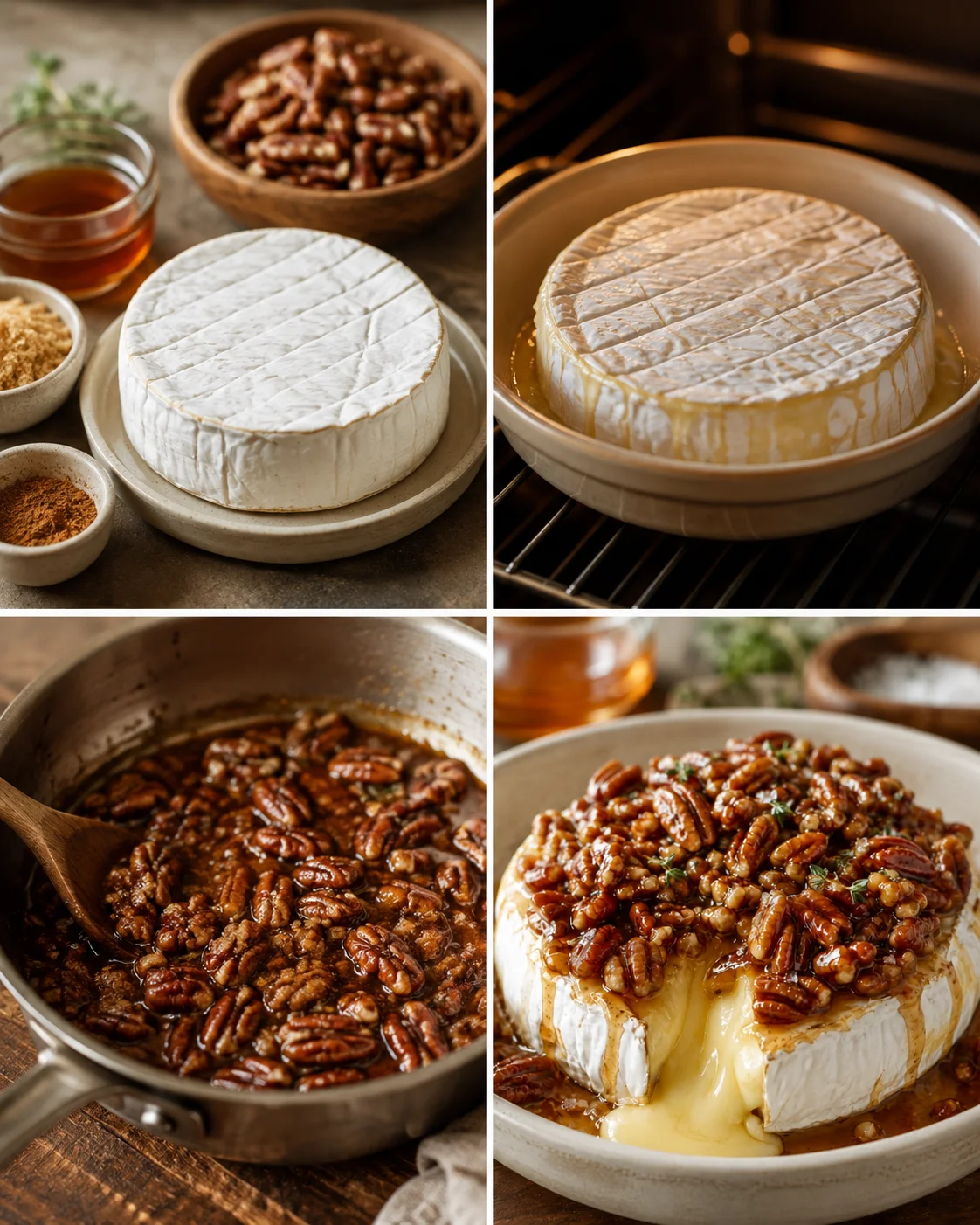 collage of baked brie with candied pecans and toppings on a rustic board