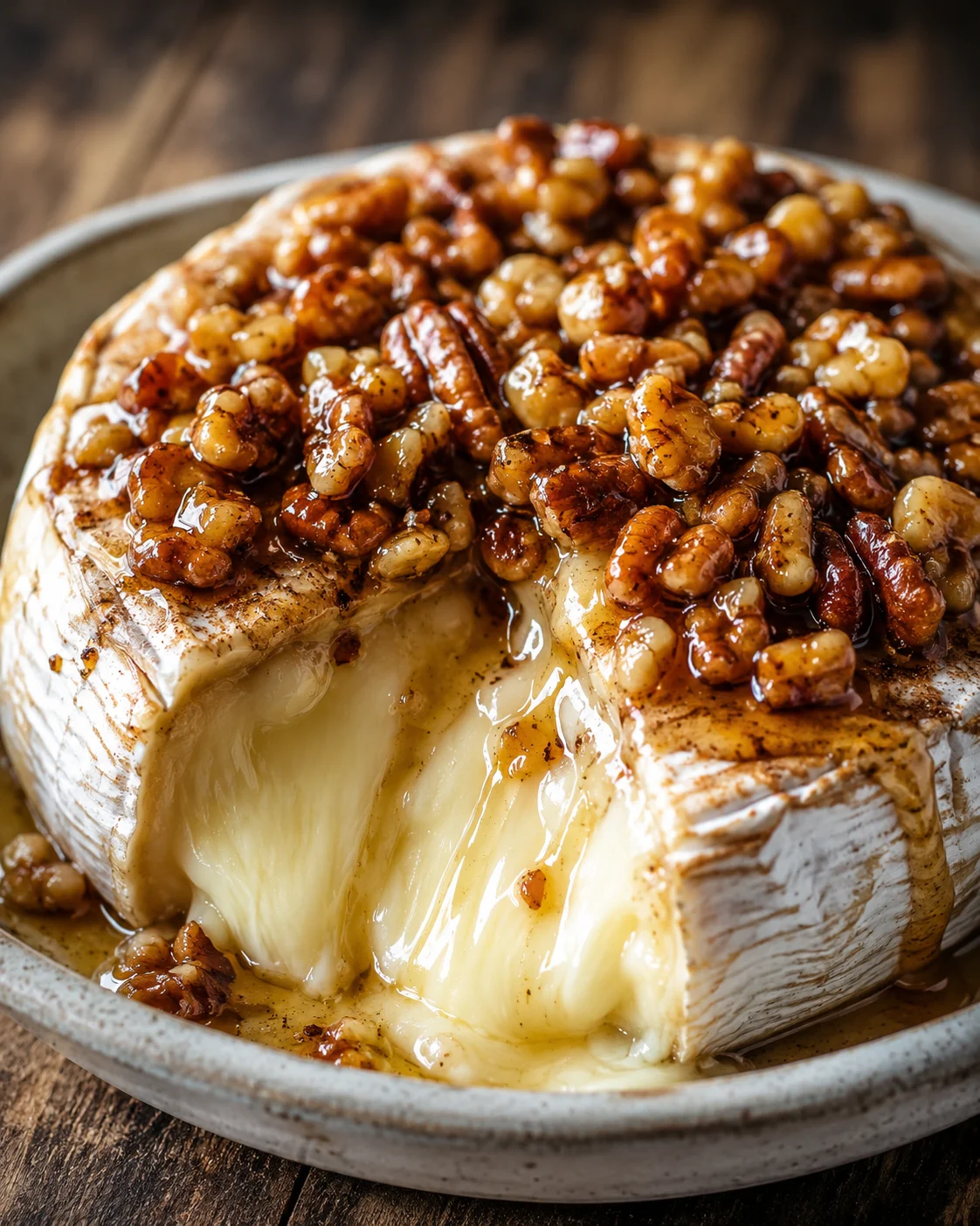 Creamy baked brie topped with caramelized pecans on a rustic plate.