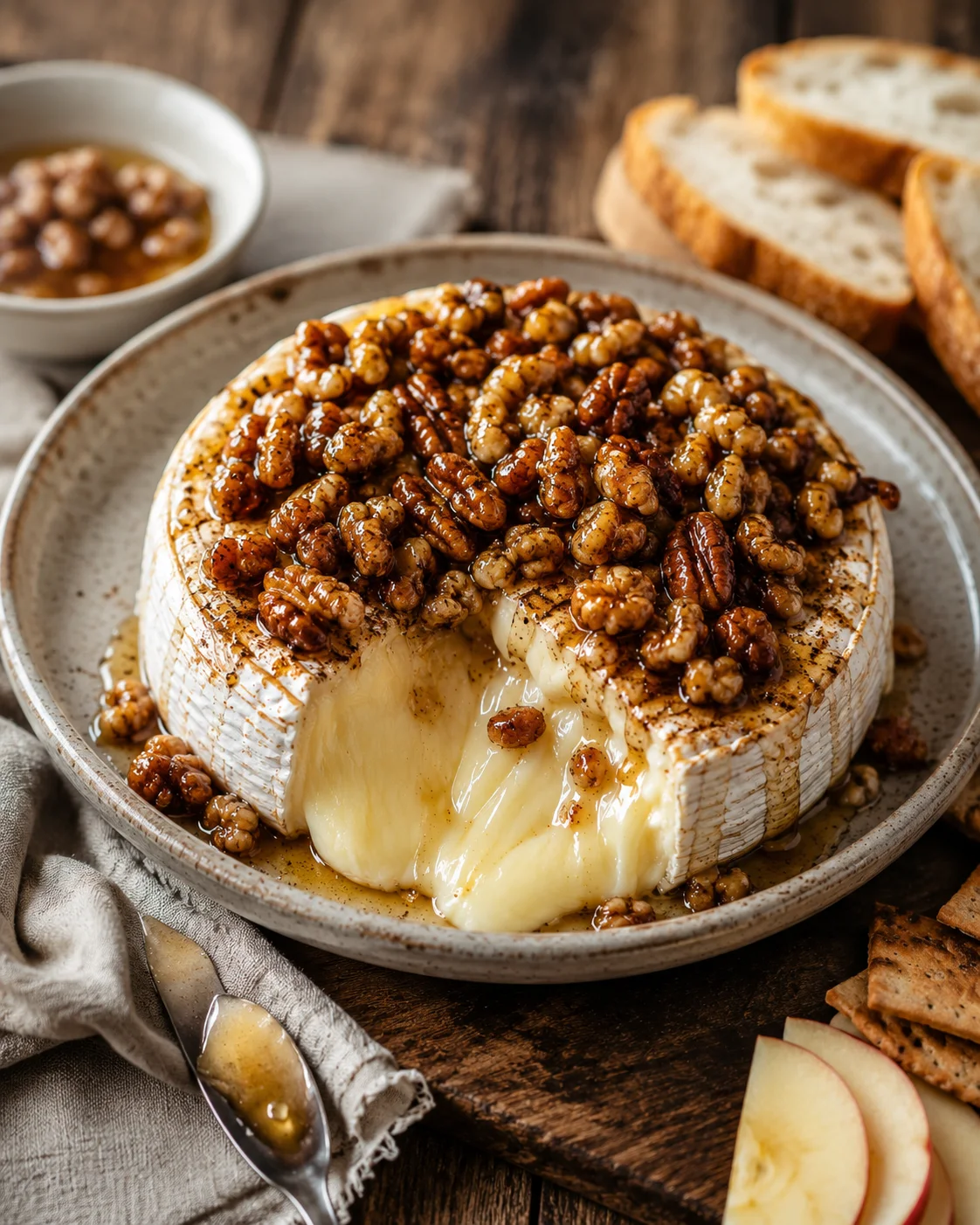 Round wheel of brie topped with candied walnuts and honey on a rustic plate.