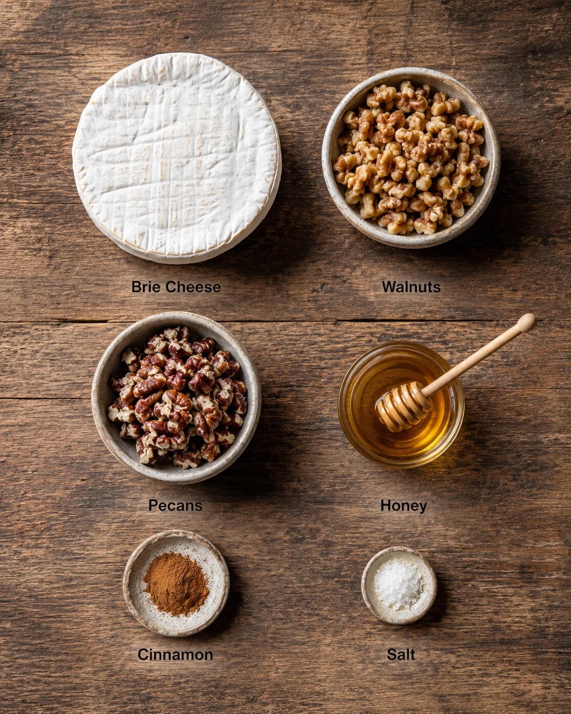 Top-down view of brie cheese, walnuts, pecans, honey, cinnamon, and salt on a rustic wooden board.