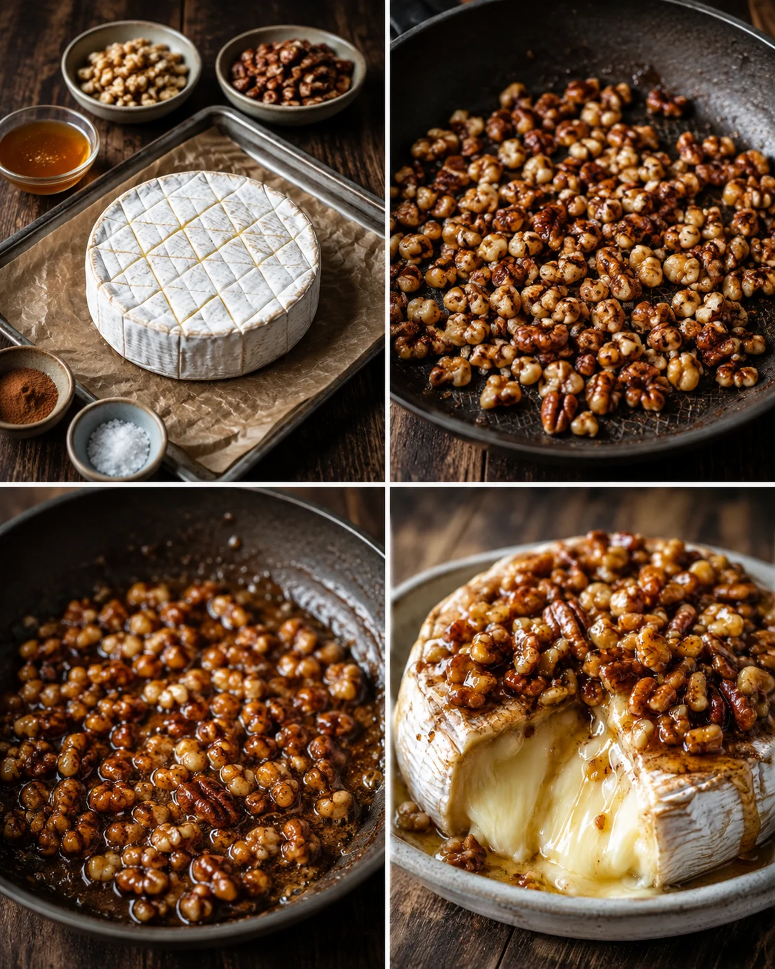 Collage of baked brie with caramelized nuts, nuts in pan, and gooey cheese slice.