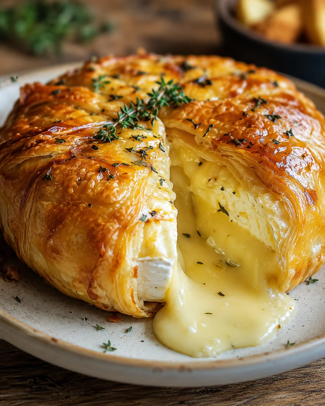 Delicious baked brie wrapped in flaky puff pastry, ready to serve as an elegant appetizer.