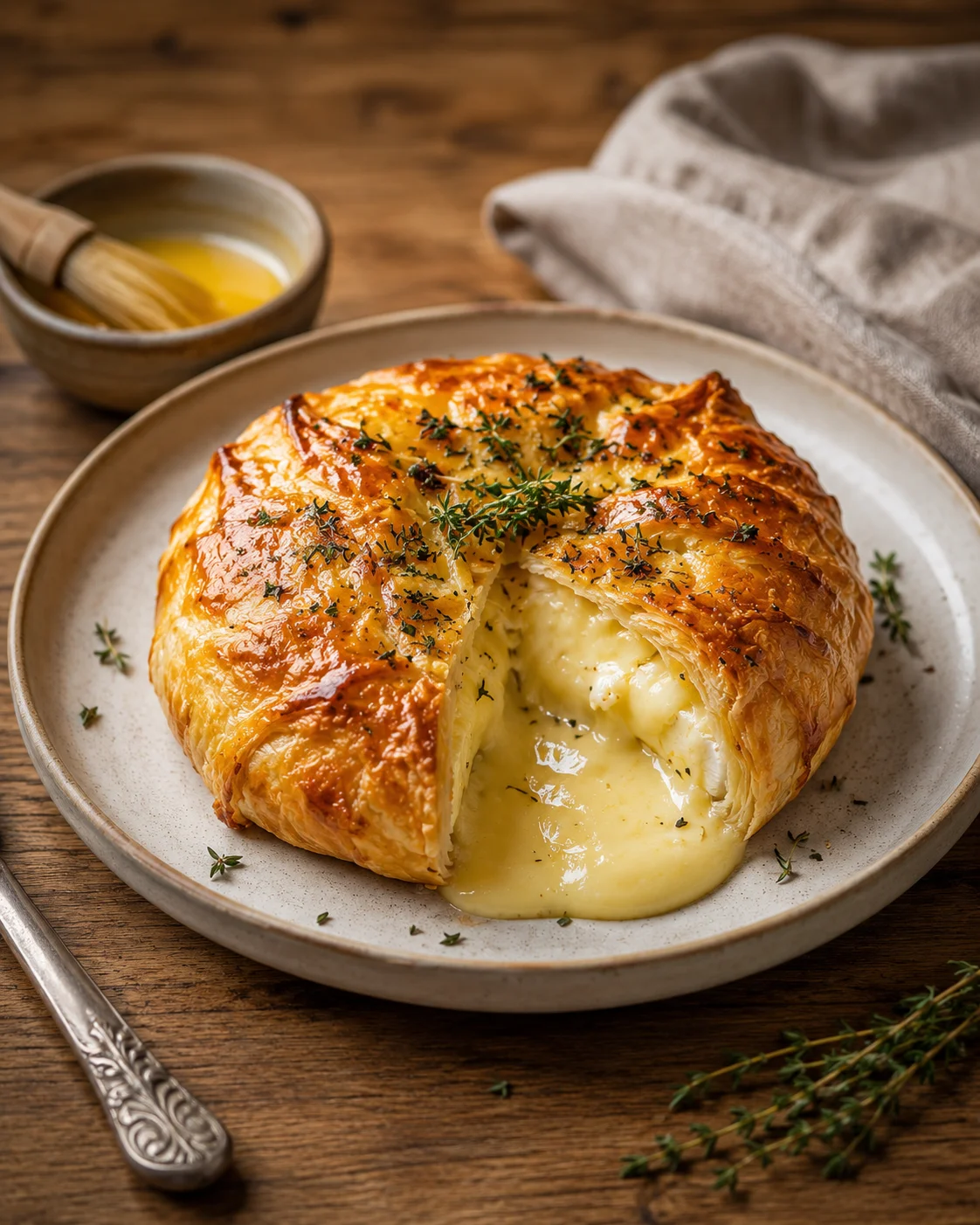 Golden flaky pastry stuffed with melted cheese on a beige plate, garnished with herbs.