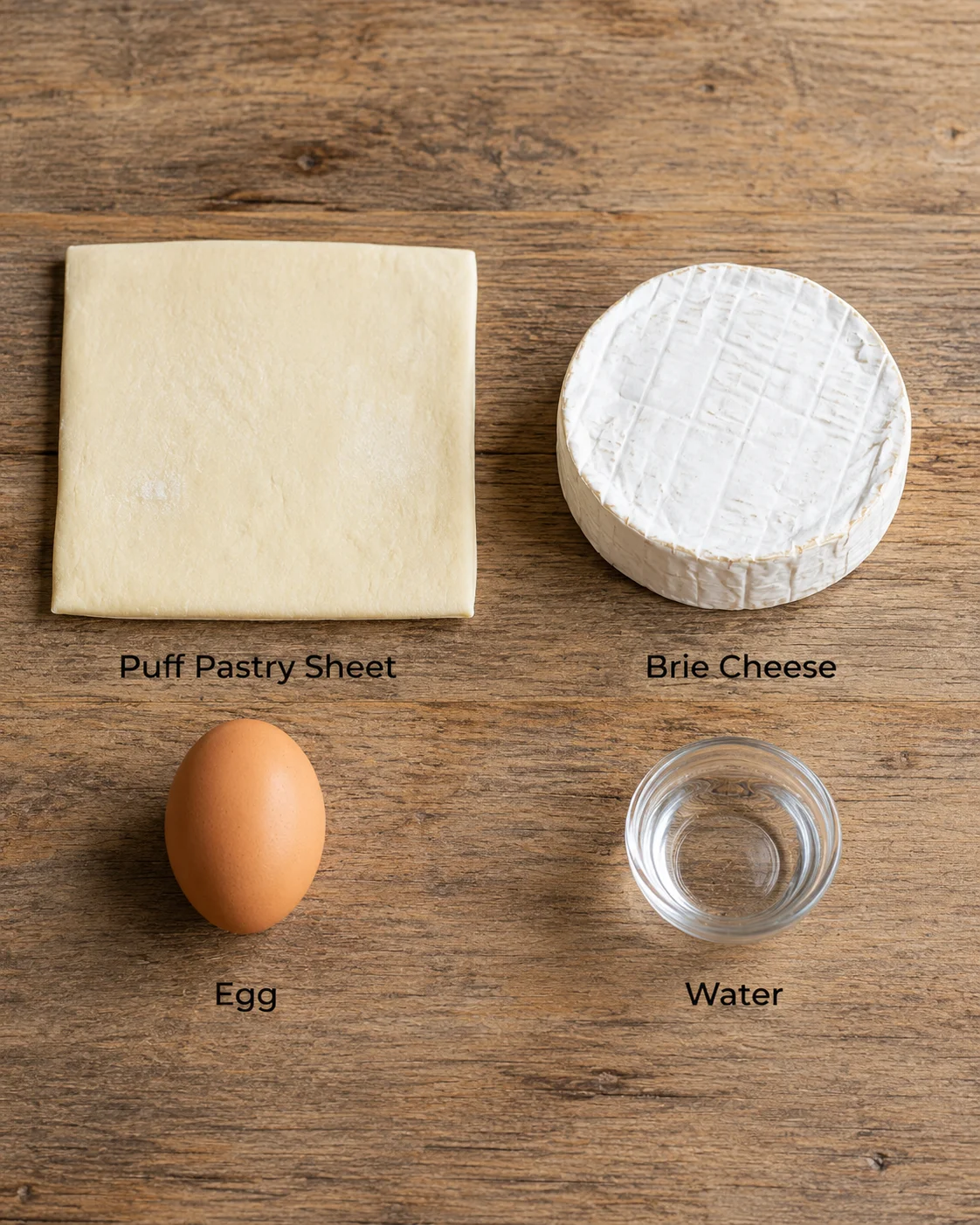 Overhead shot of puff pastry sheet, brie cheese, egg, and a glass of water on a wooden surface.