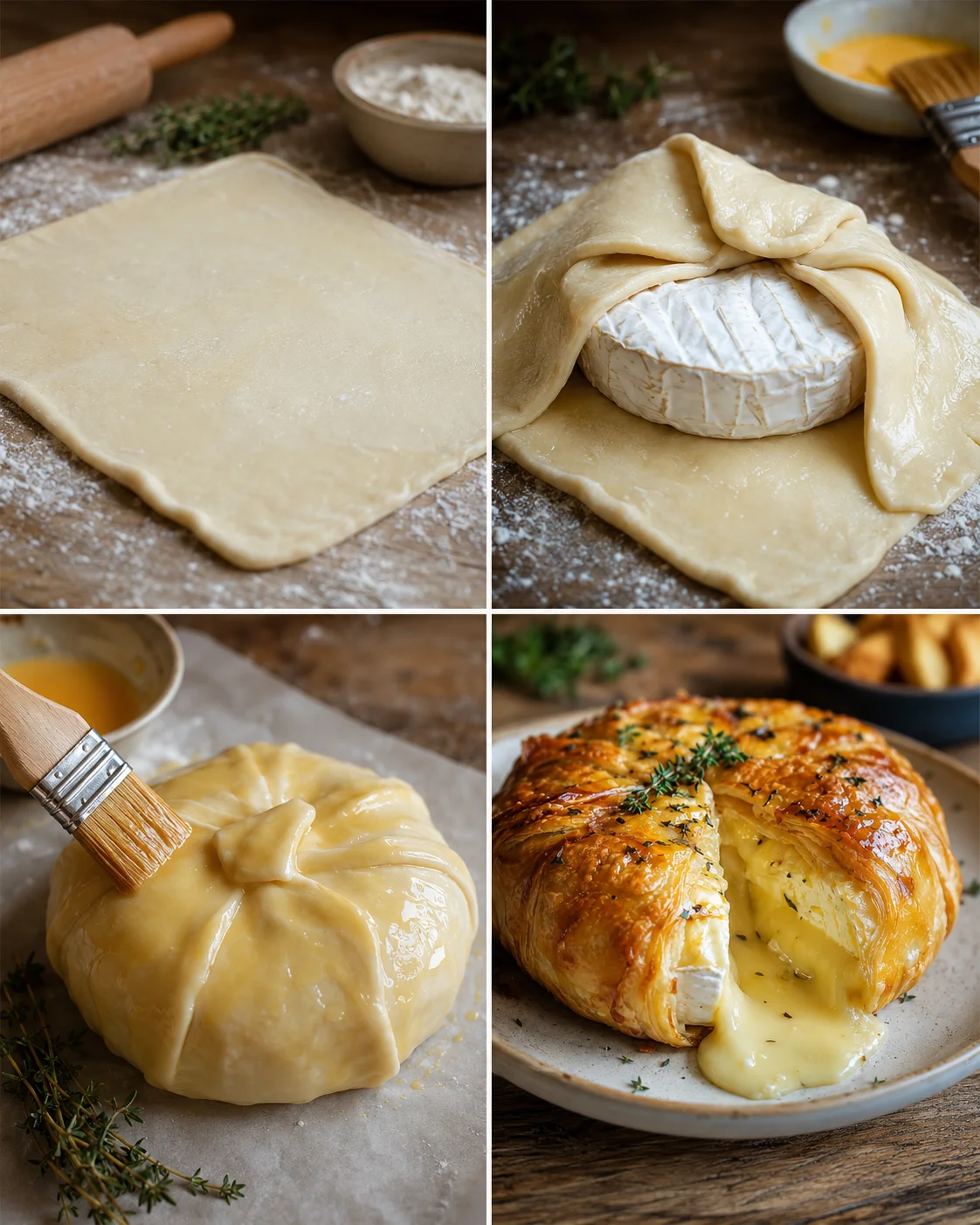 collage showing dough rolled out, brie wrapped in pastry, egg wash brushed, and baked brie pastry