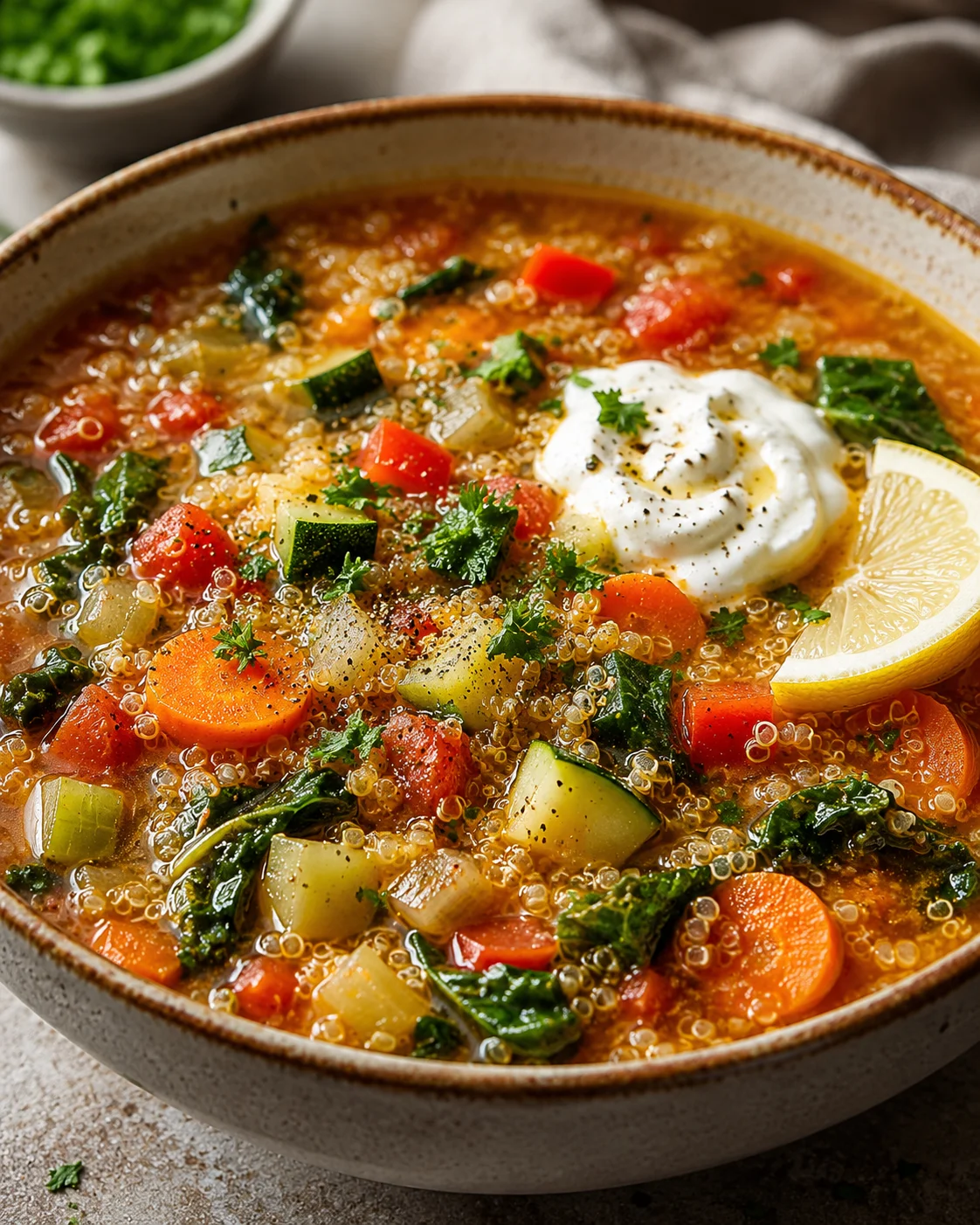 A vibrant bowl of Greek Healing Soup with vegetables, quinoa, and herbs