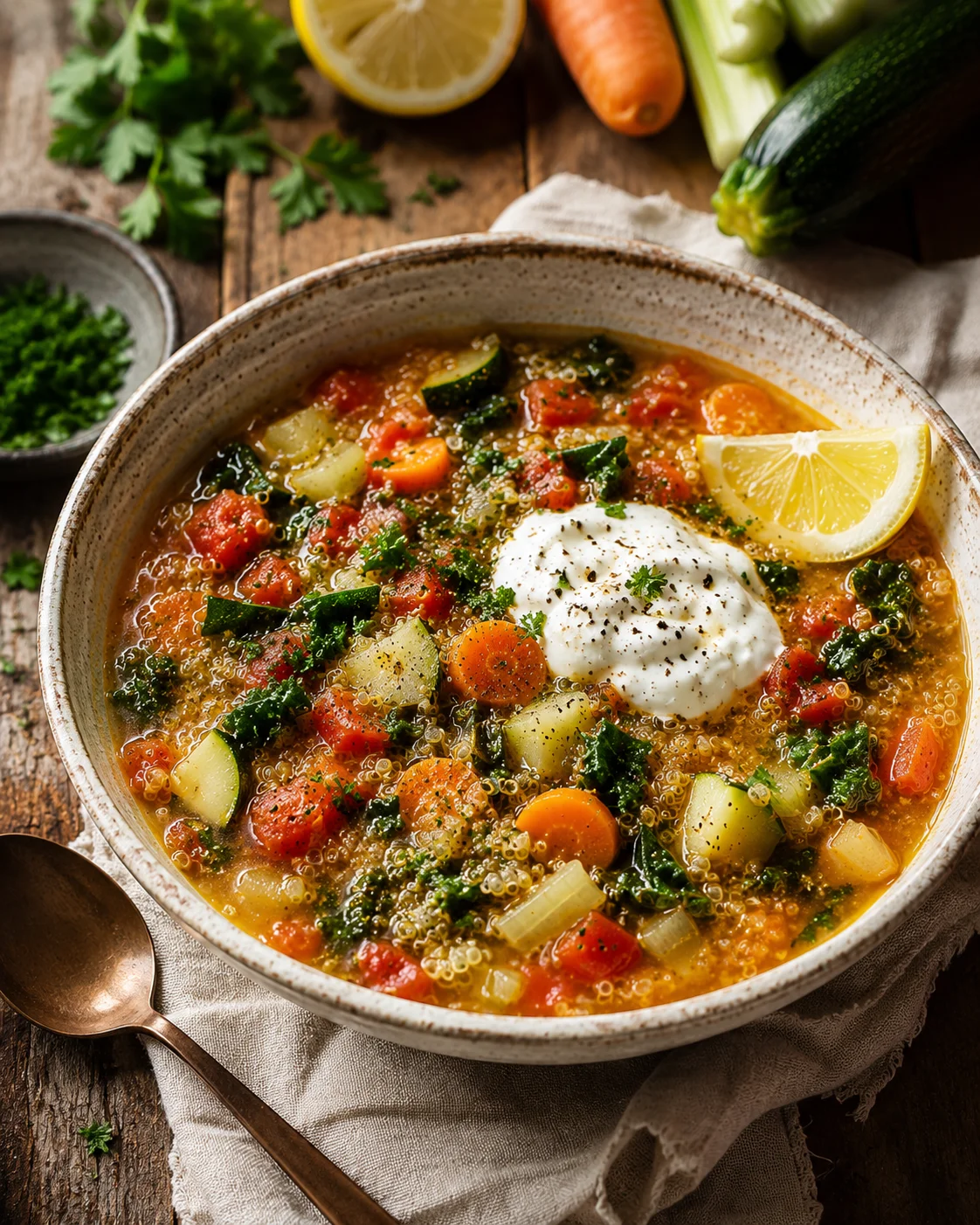 bowl of vegetable quinoa soup with lemon wedge and a dollop of yogurt
