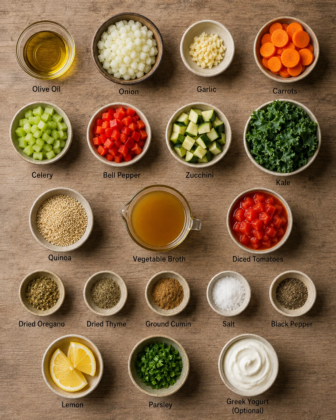 Overhead view of a rustic wooden table with labeled bowls of vegetables, grains, and seasonings.