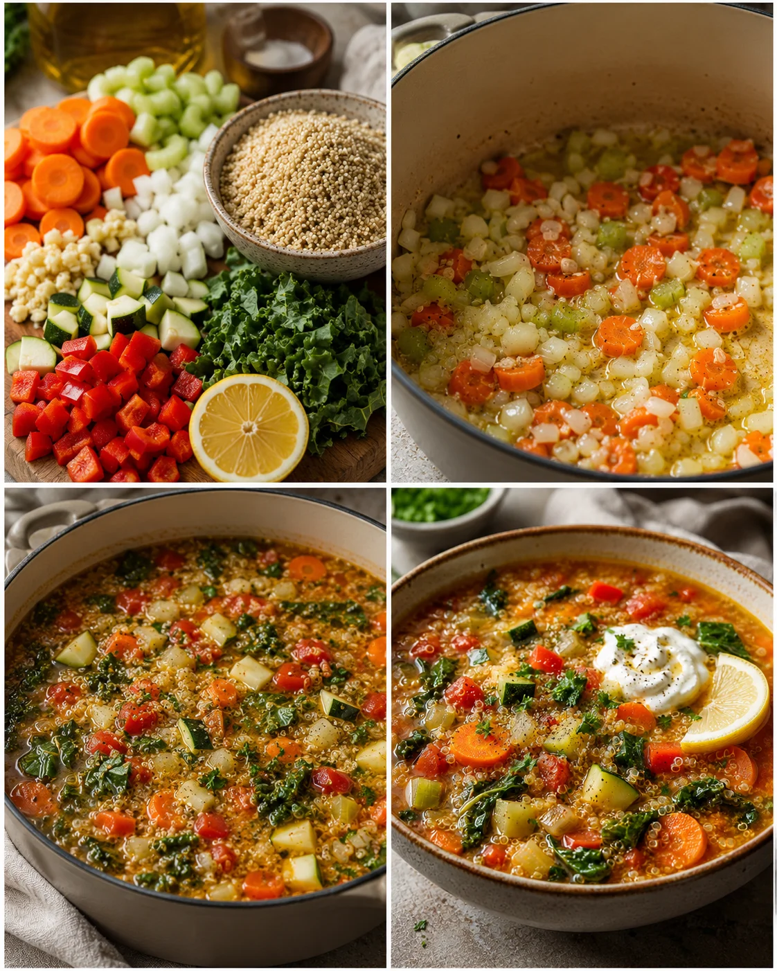 Collage showing chopped vegetables and simmering soup in pots for a hearty vegetable soup recipe.