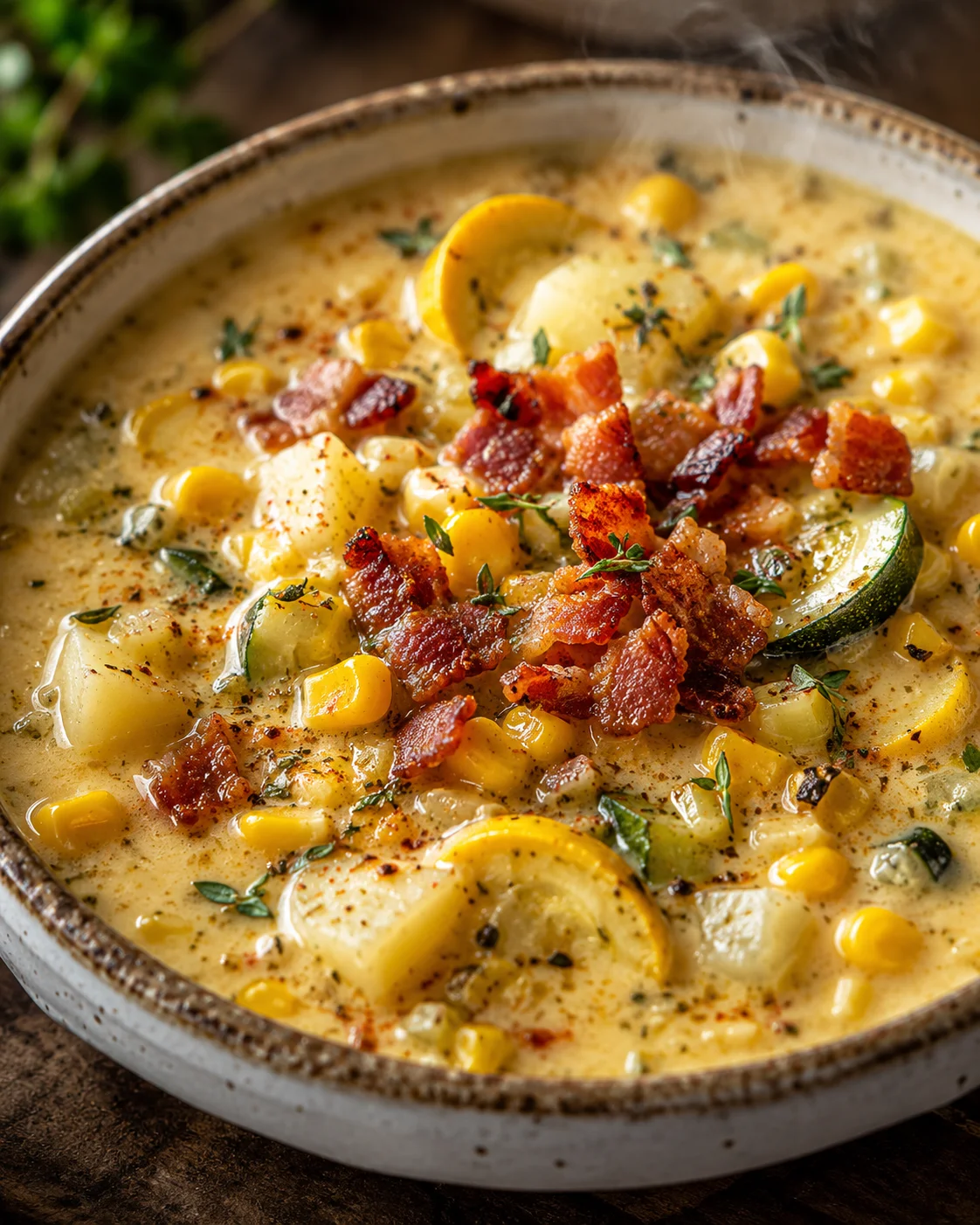 Creamy summer chowder with corn, zucchini, potatoes, bacon, and herbs in a rustic bowl