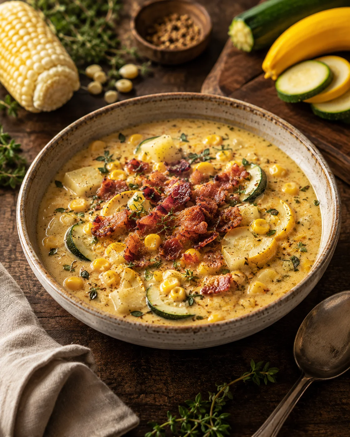 Rustic bowl of creamy corn chowder topped with crispy bacon and herbs.