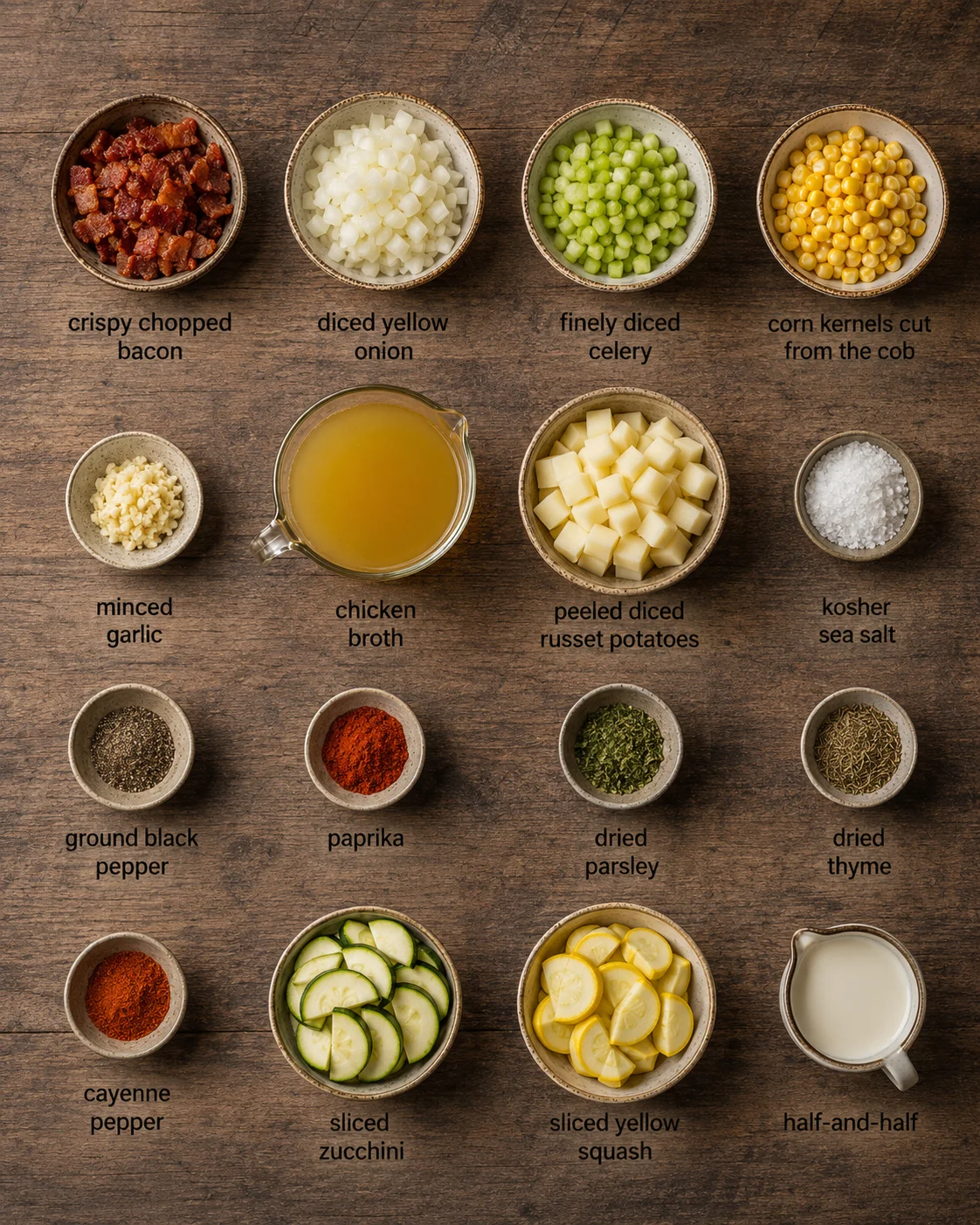 Top-down view of bowls labeled with ingredients on a wooden table