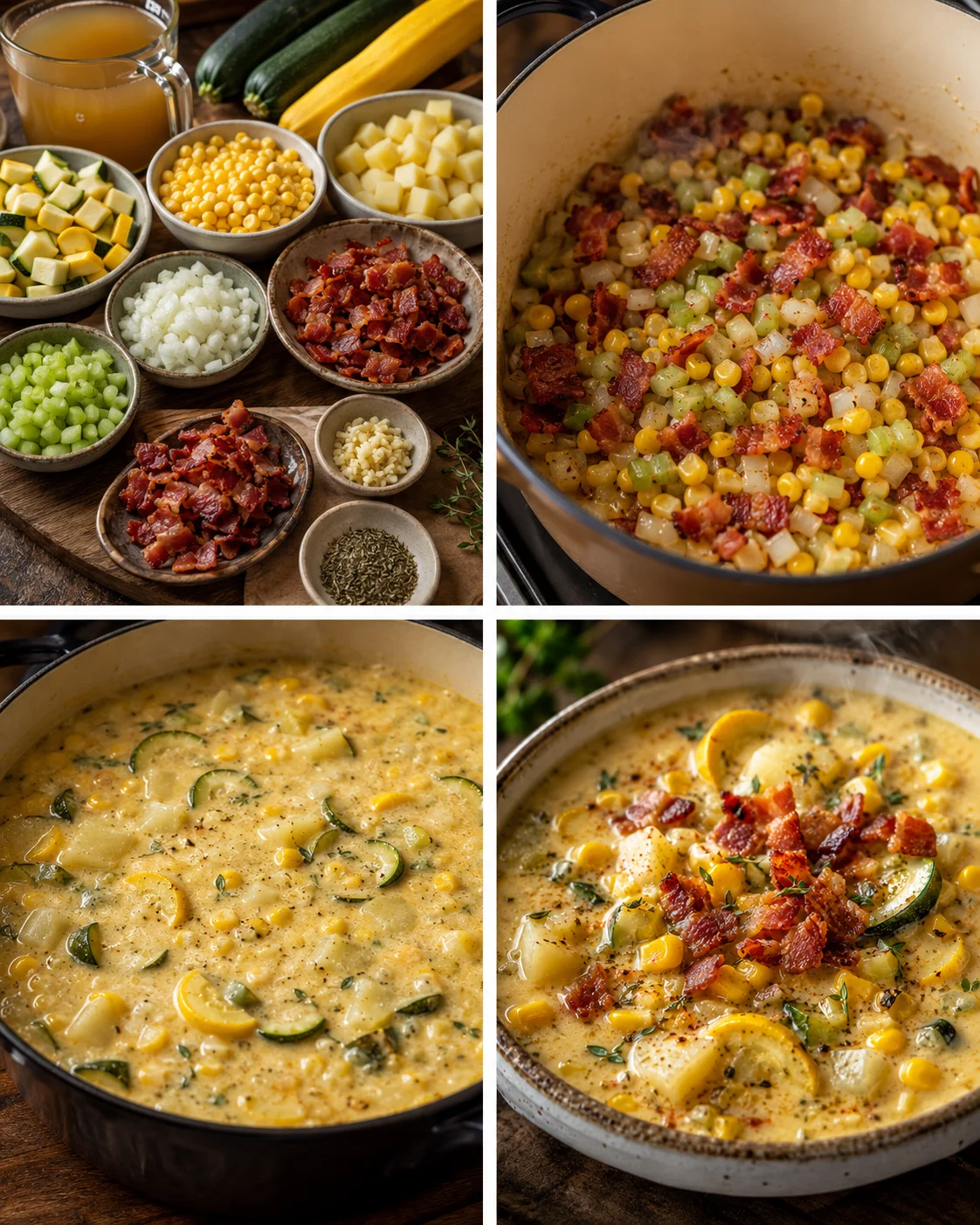 collage showing diced vegetables, bacon, and a pot of creamy corn chowder in progress