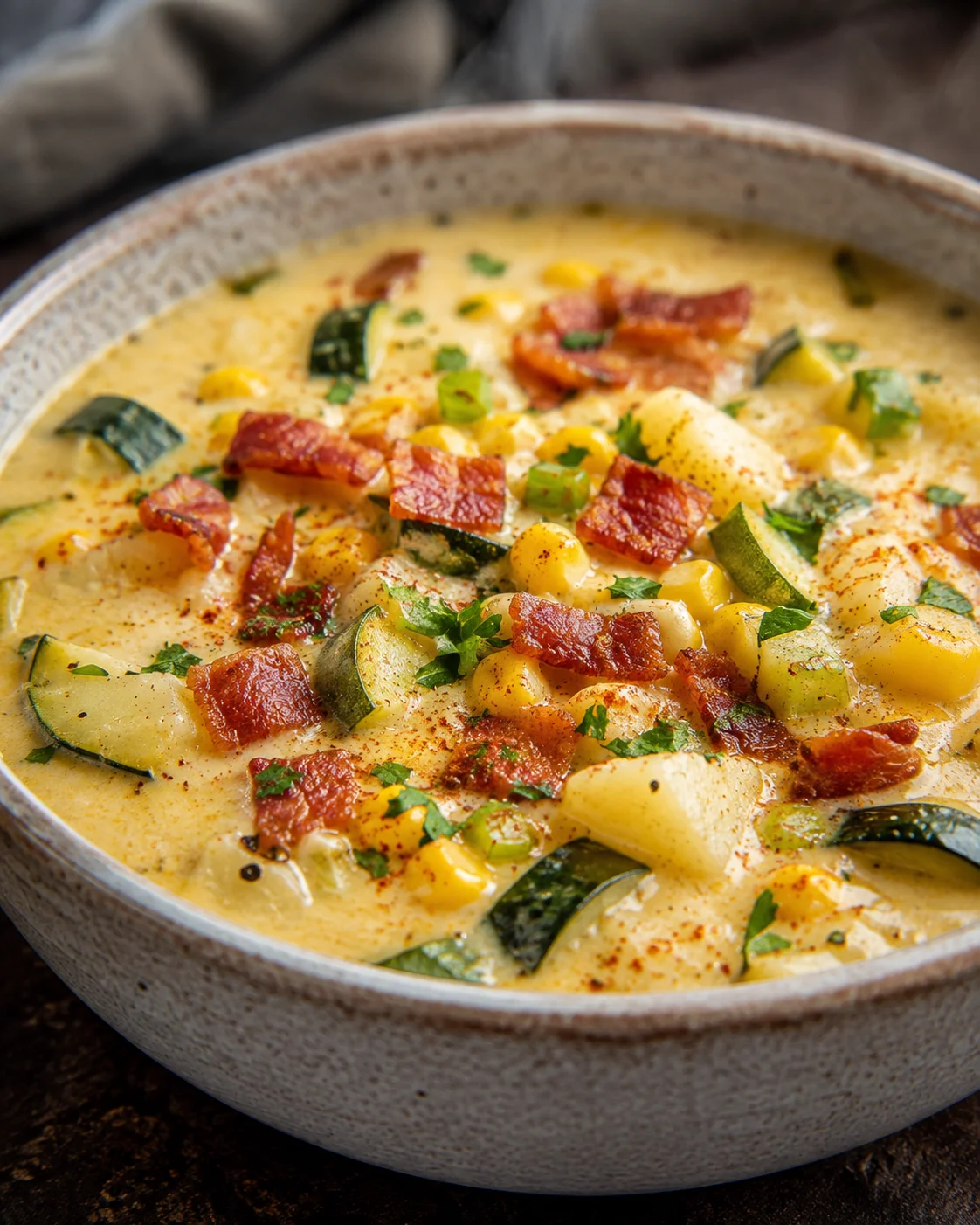 Creamy Zucchini Corn Chowder A bowl of creamy zucchini corn chowder topped with bacon and fresh herbs.
