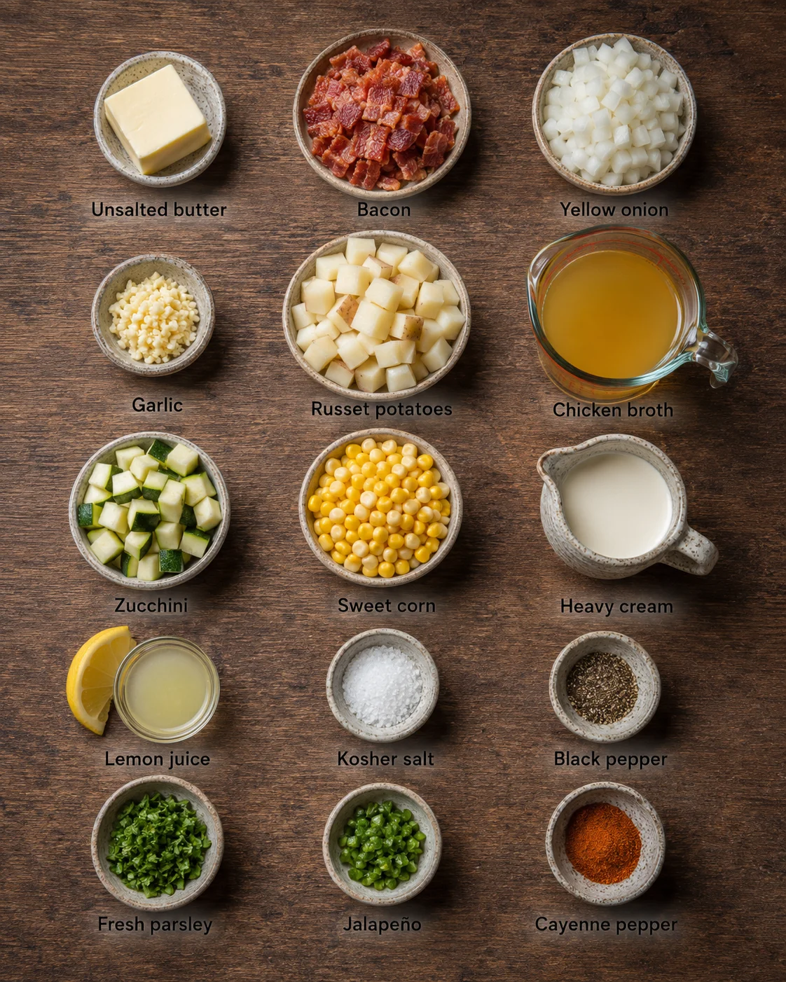 Top-down view of fifteen speckled ceramic bowls arranged in a grid on a wooden surface, each labeled with an ingredient such as butter, bacon, onion, garlic, potatoes, broth, zucchini, corn, cream, lemon juice, salt, pepper, parsley, jalapeño, and cayenne.