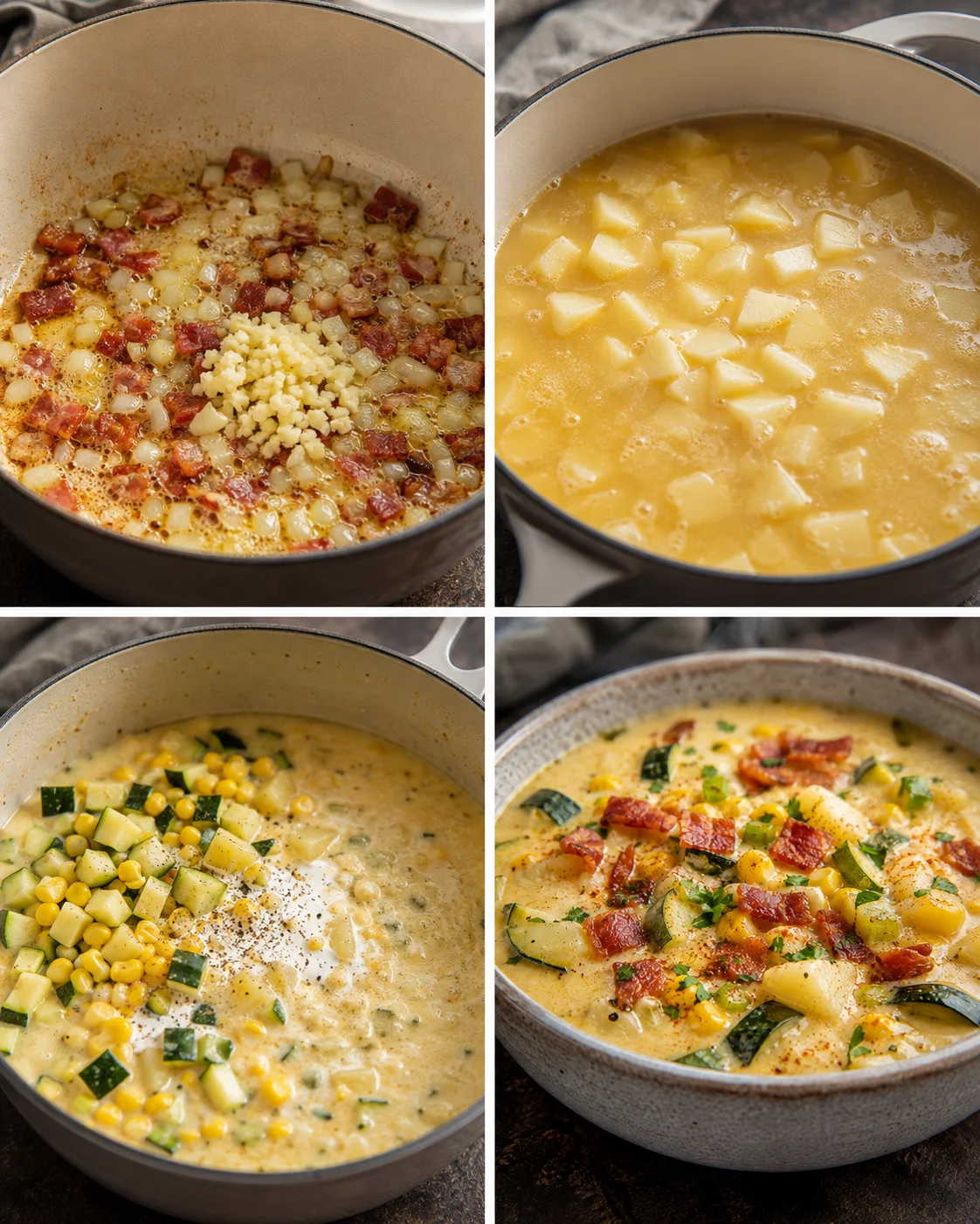 Step-by-step images of making zucchini corn chowder with bacon and herbs