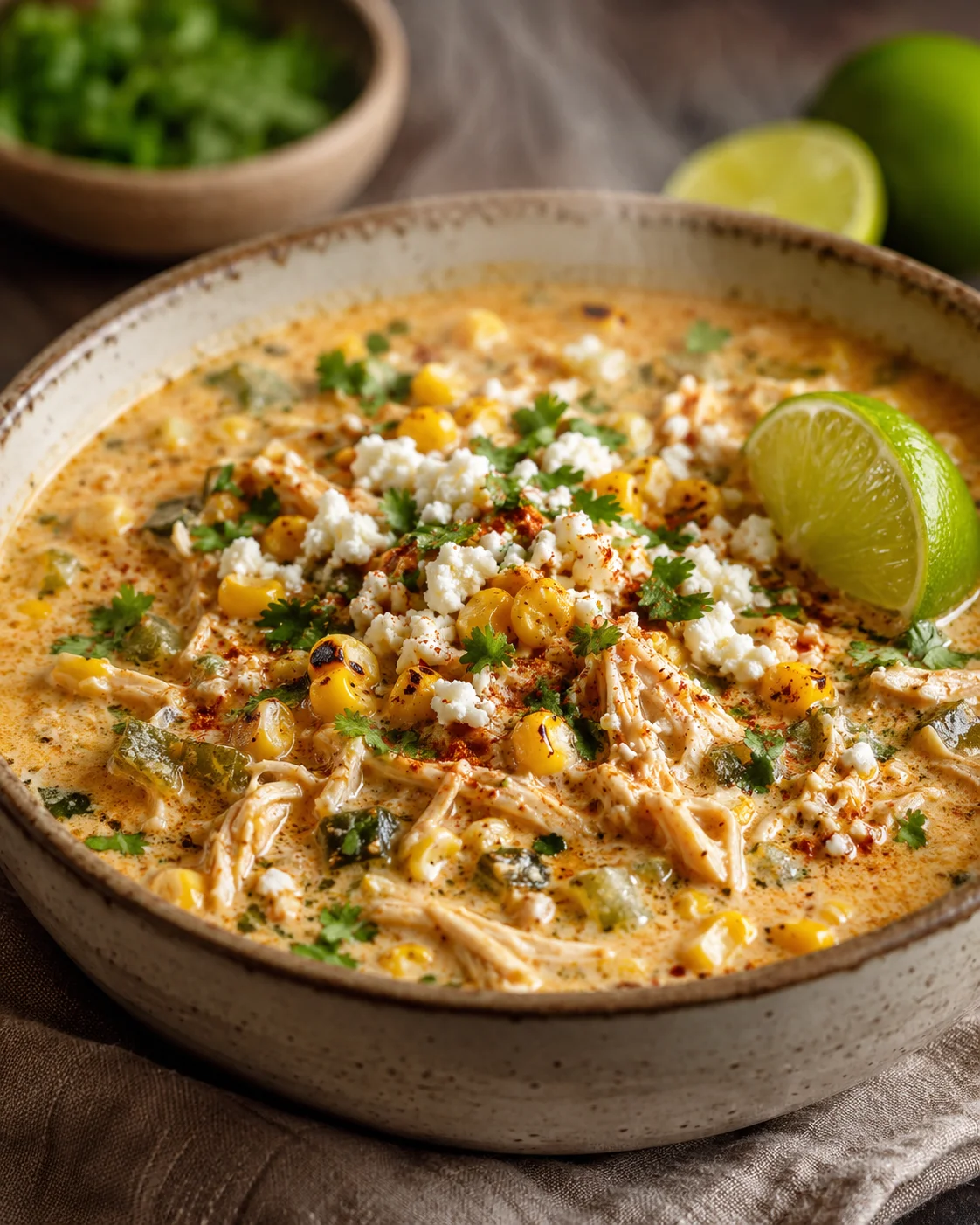 Mexican Street Corn Soup A bowl of creamy Mexican street corn soup topped with queso fresco and lime.