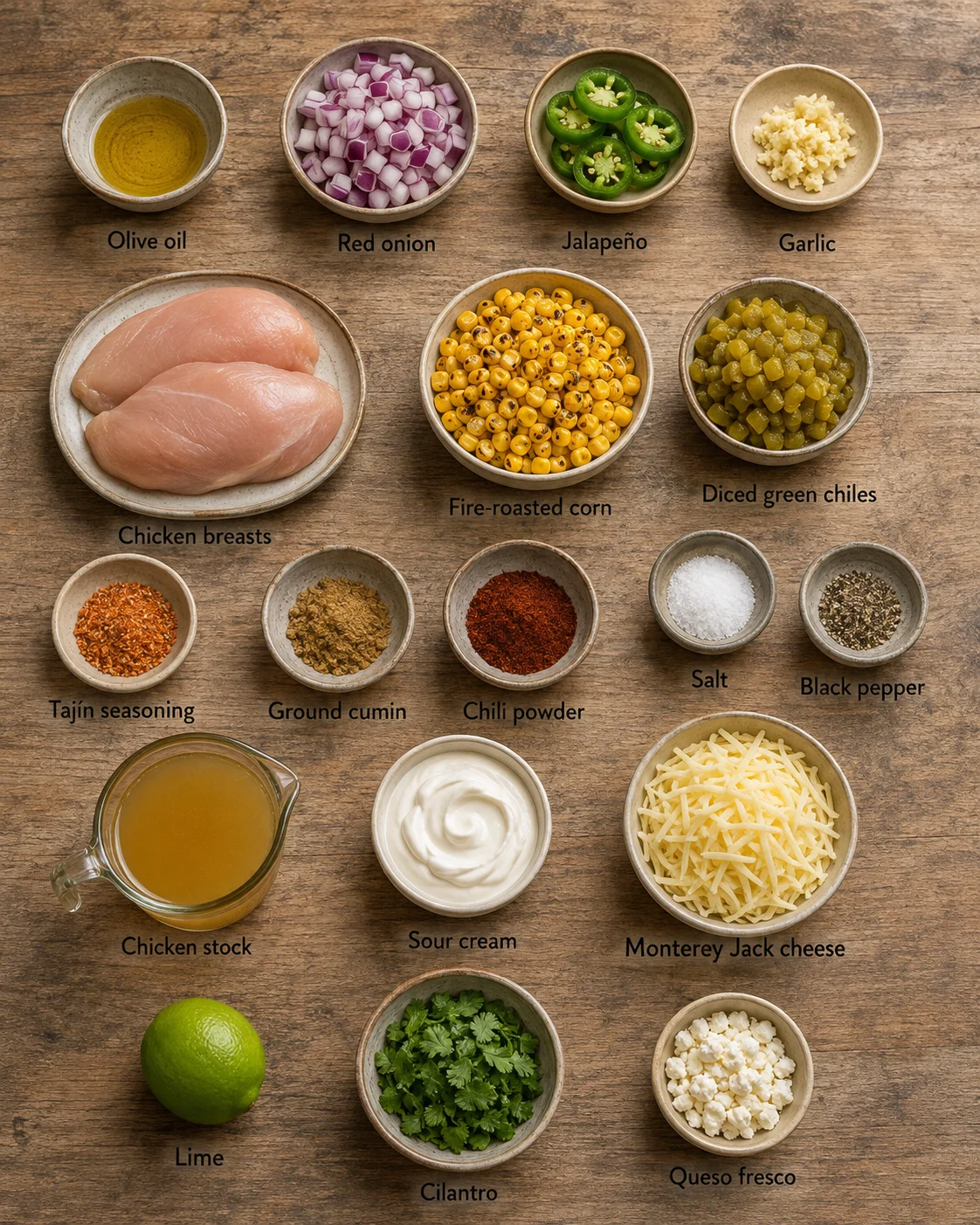 Overhead view of organized bowls of ingredients on a wooden table.