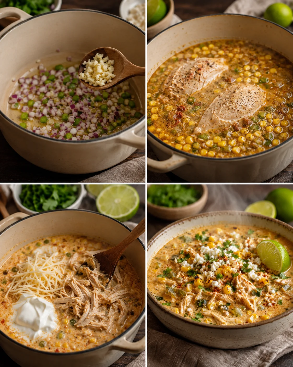 collage of onions and garlic in a pot, chicken simmering with corn, cheese topping, and finished soup.