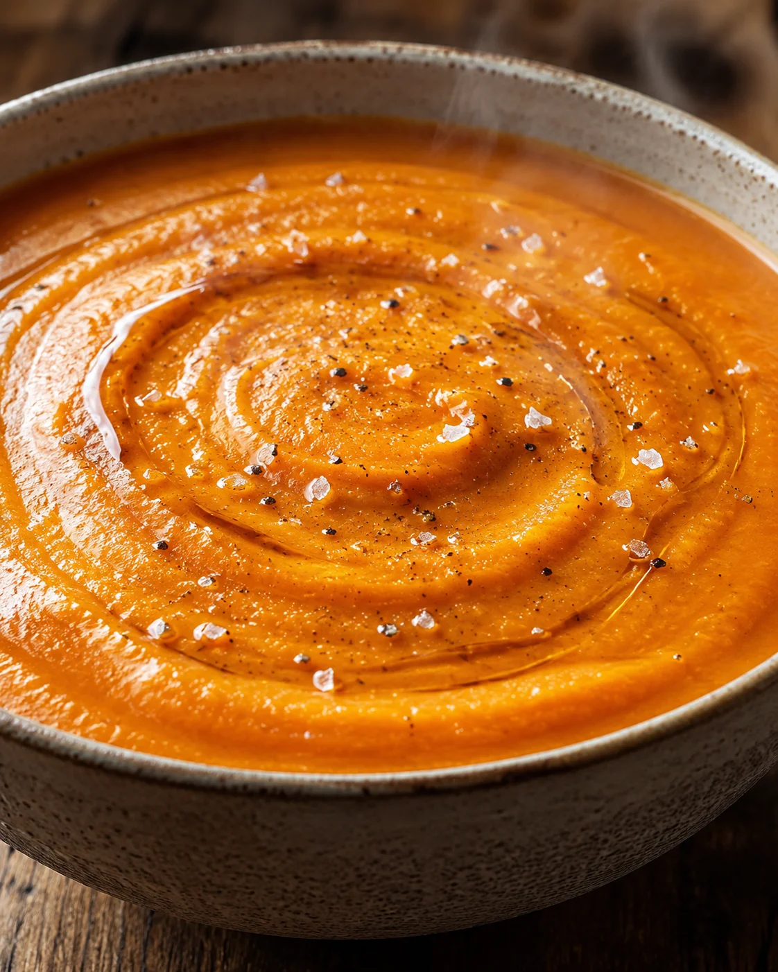 Creamy roasted sweet potato and carrot soup garnished with salt and pepper in a bowl